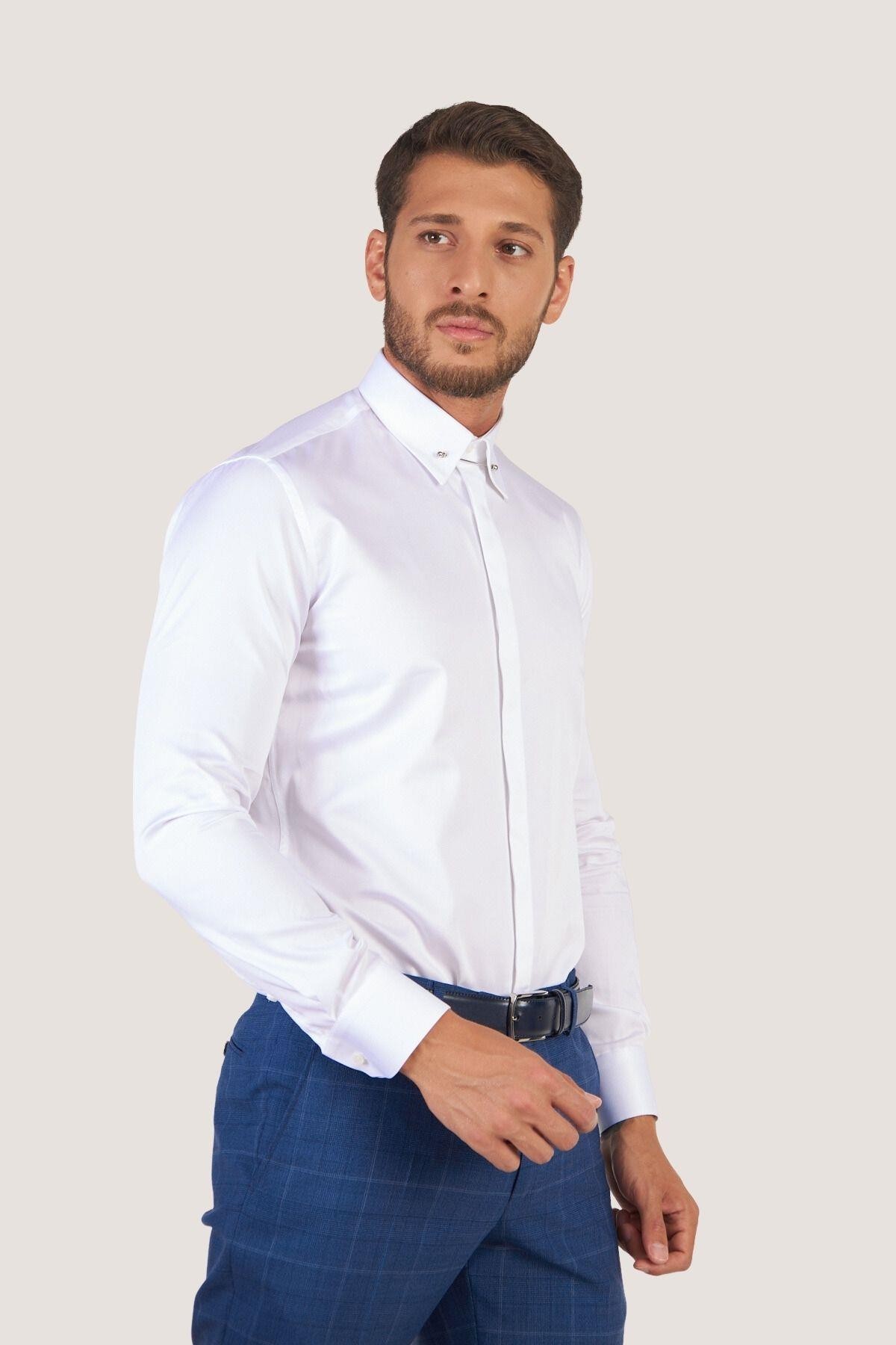 Yaka İğneli Slim Fit Gömlek - Beyaz