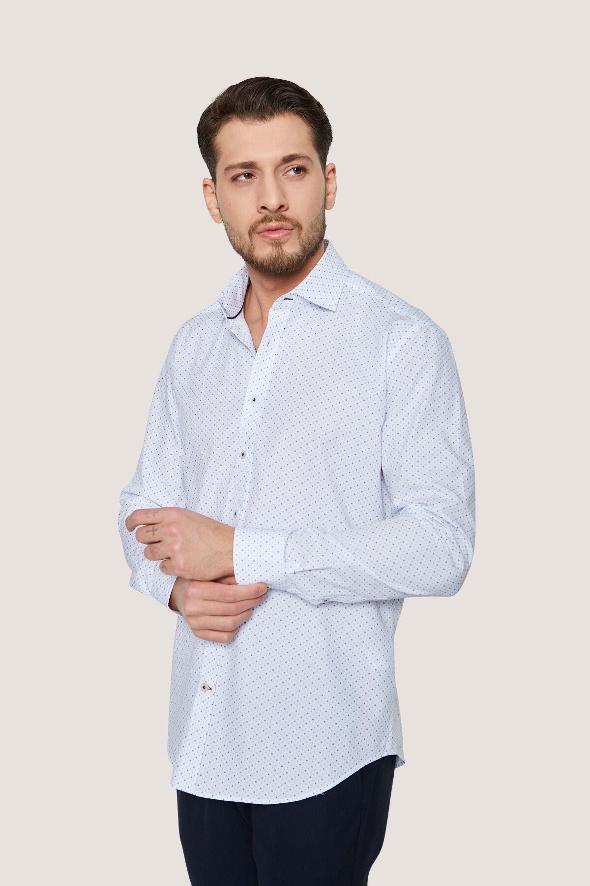 Klasik Desenli Slim Fit Gömlek - Beyaz-Koyu Mavi