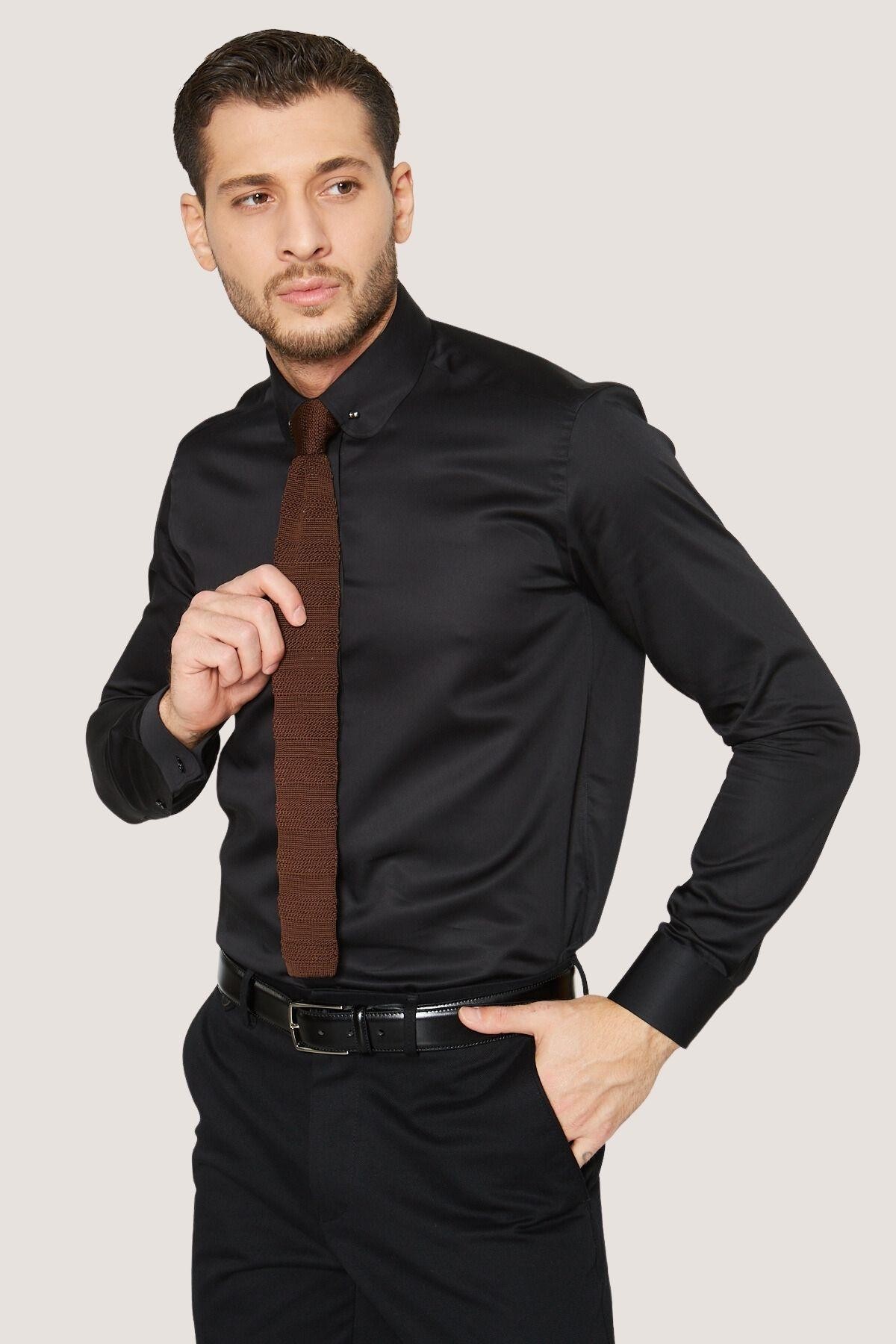 Bebe Yaka İğneli Slim Fit Gömlek - Siyah