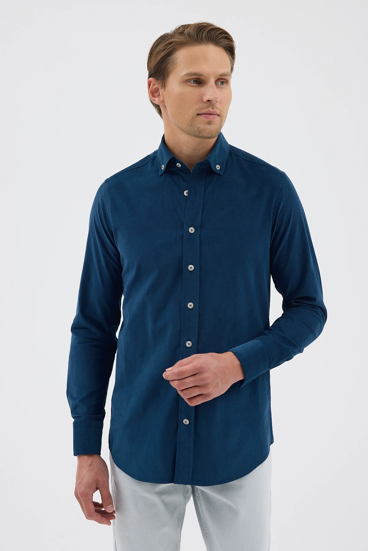 Kadife Yaka Düğmeli %100 Pamuk Comfort Fit Erkek Gömlek - Petrol