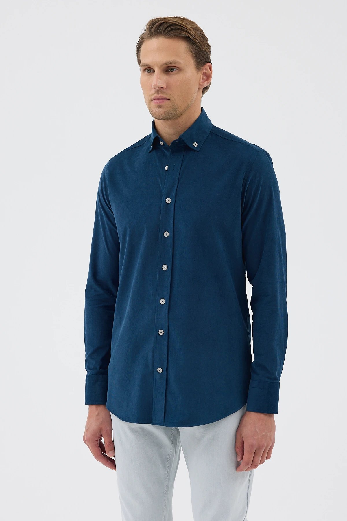 Kadife Yaka Düğmeli %100 Pamuk Comfort Fit Erkek Gömlek - Petrol