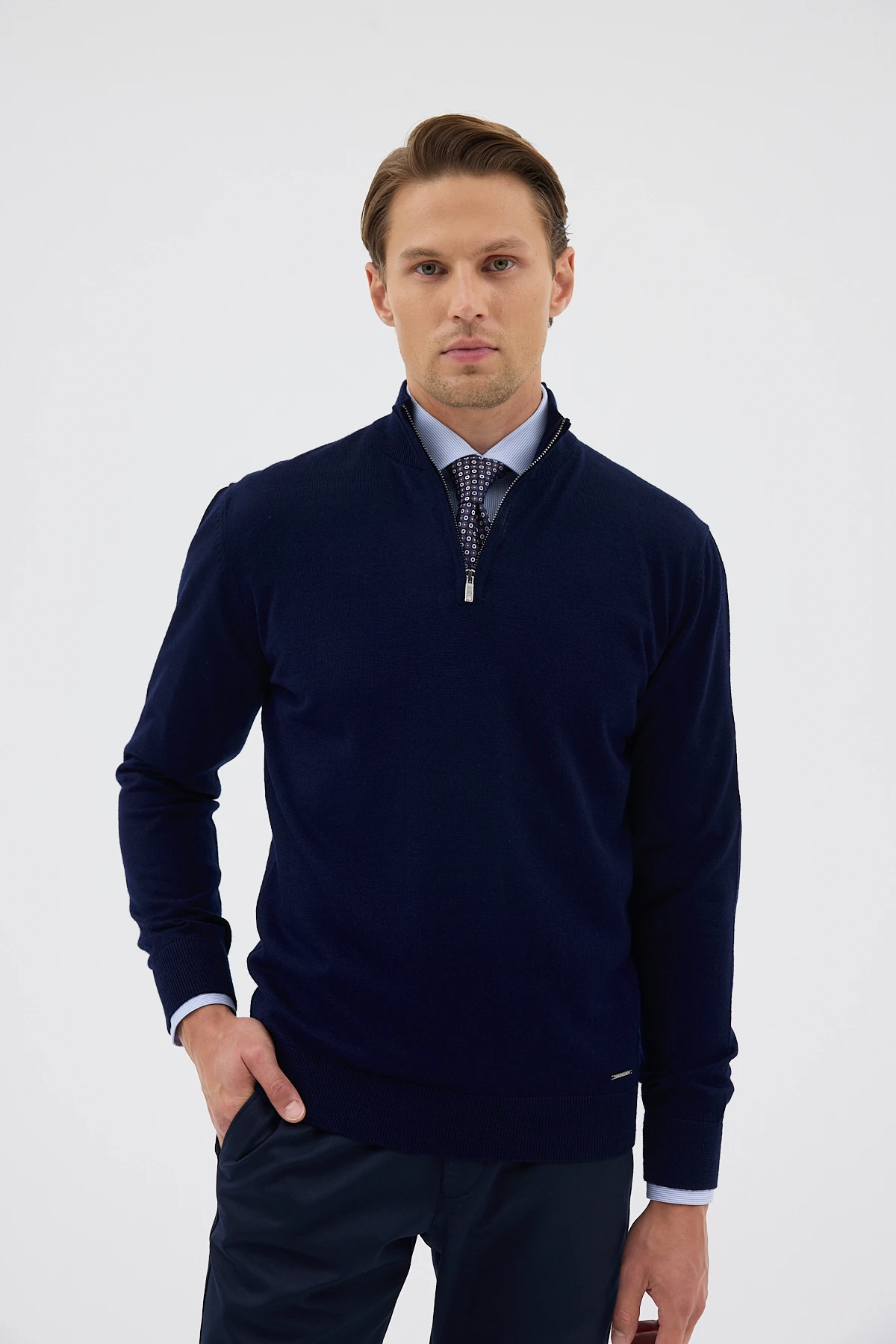 Yarım Balıkçı Fermuarlı Yünlü Triko Kazak - Lacivert