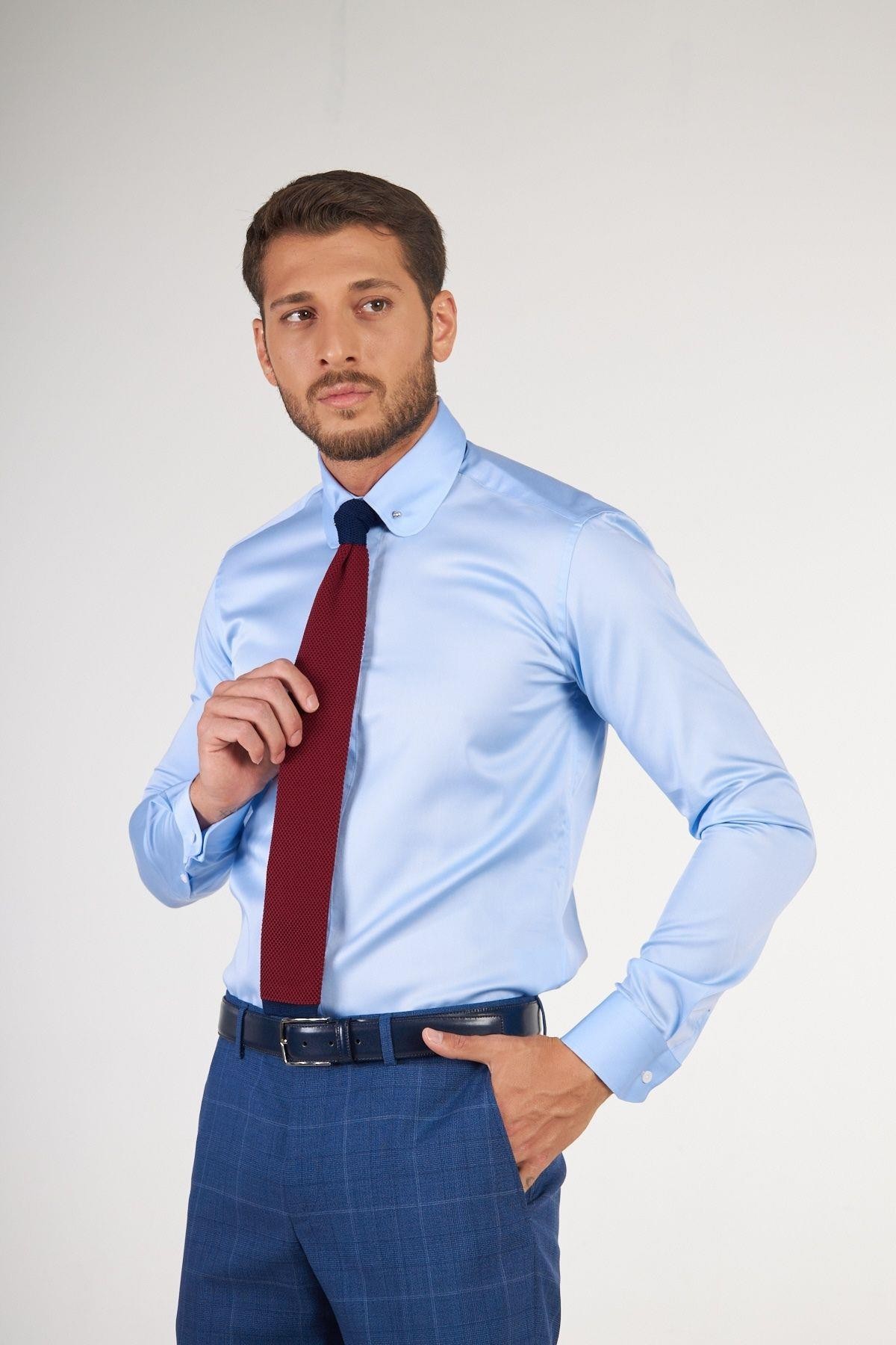 Bebe Yaka İğneli Slim Fit Gömlek - Mavi