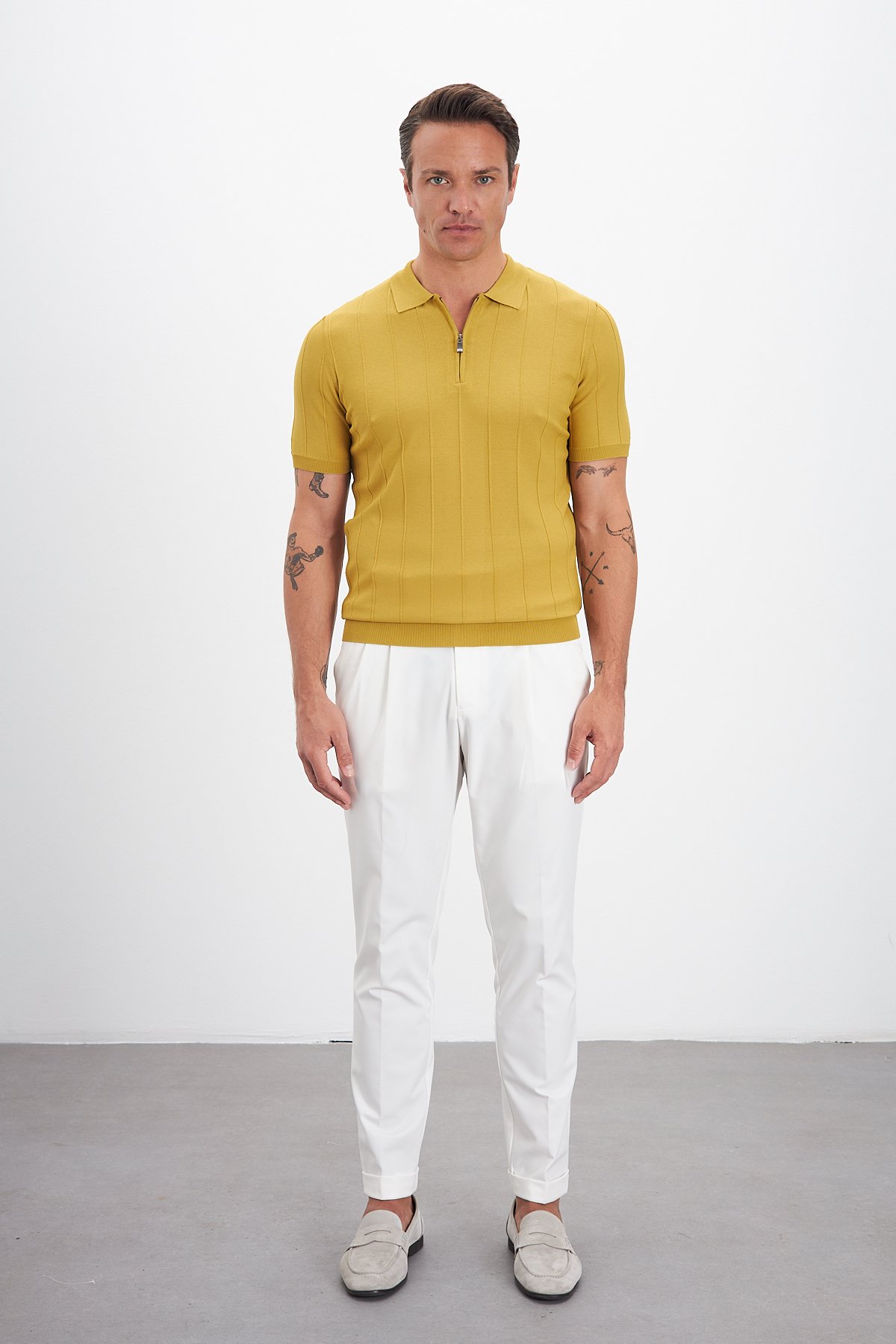 Fermuarlı Polo Yaka Çizgi Desenli Triko Erkek T-Shirt