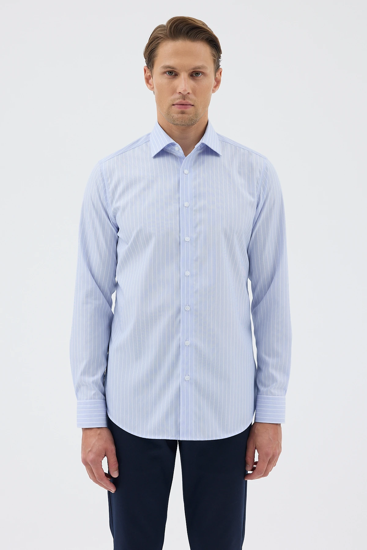 Non Iron Mavi Beyaz Çizgili %100 Pamuk Comfort Fit Gömlek