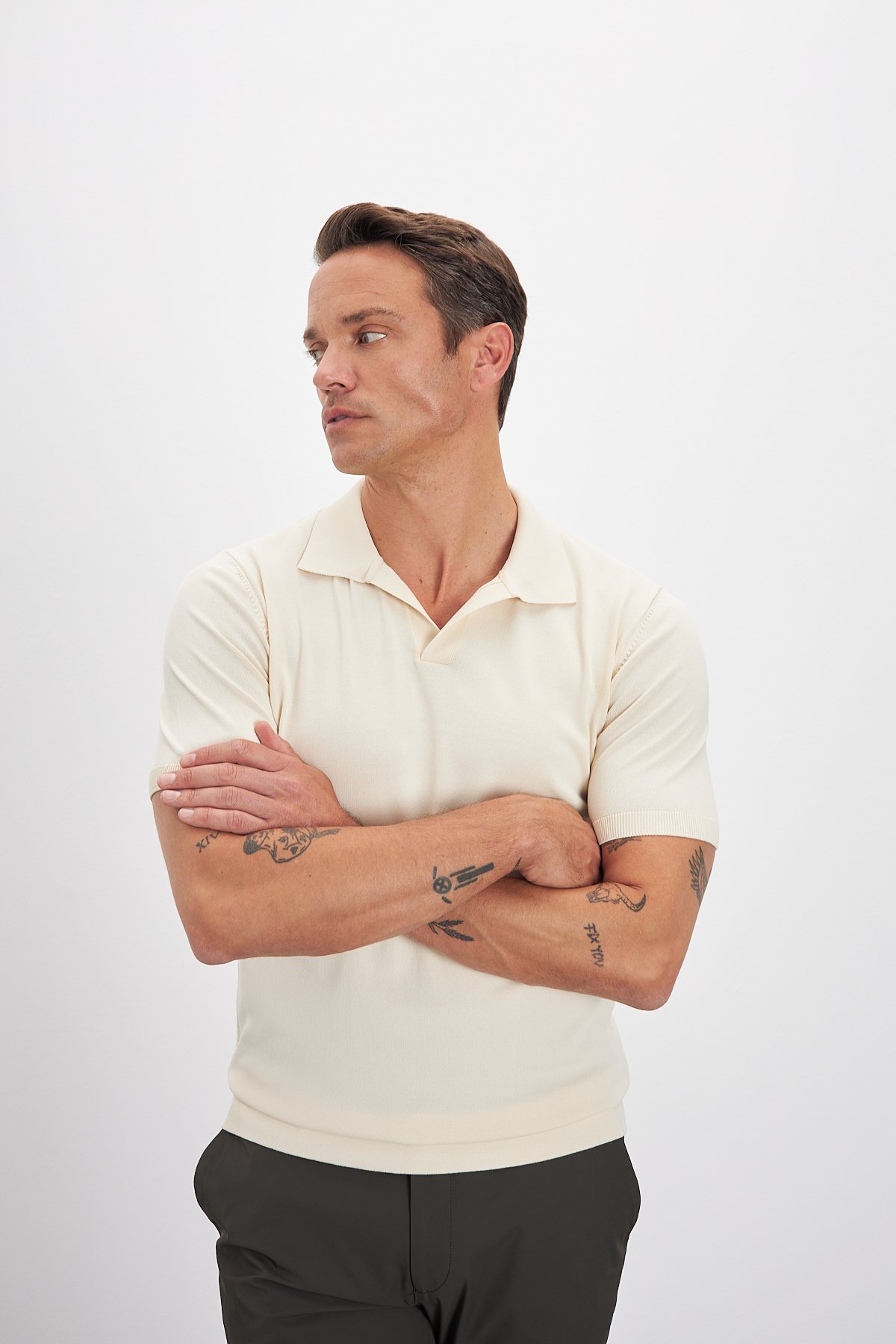 Polo Yaka Patlı Triko Erkek T-Shirt - Bej