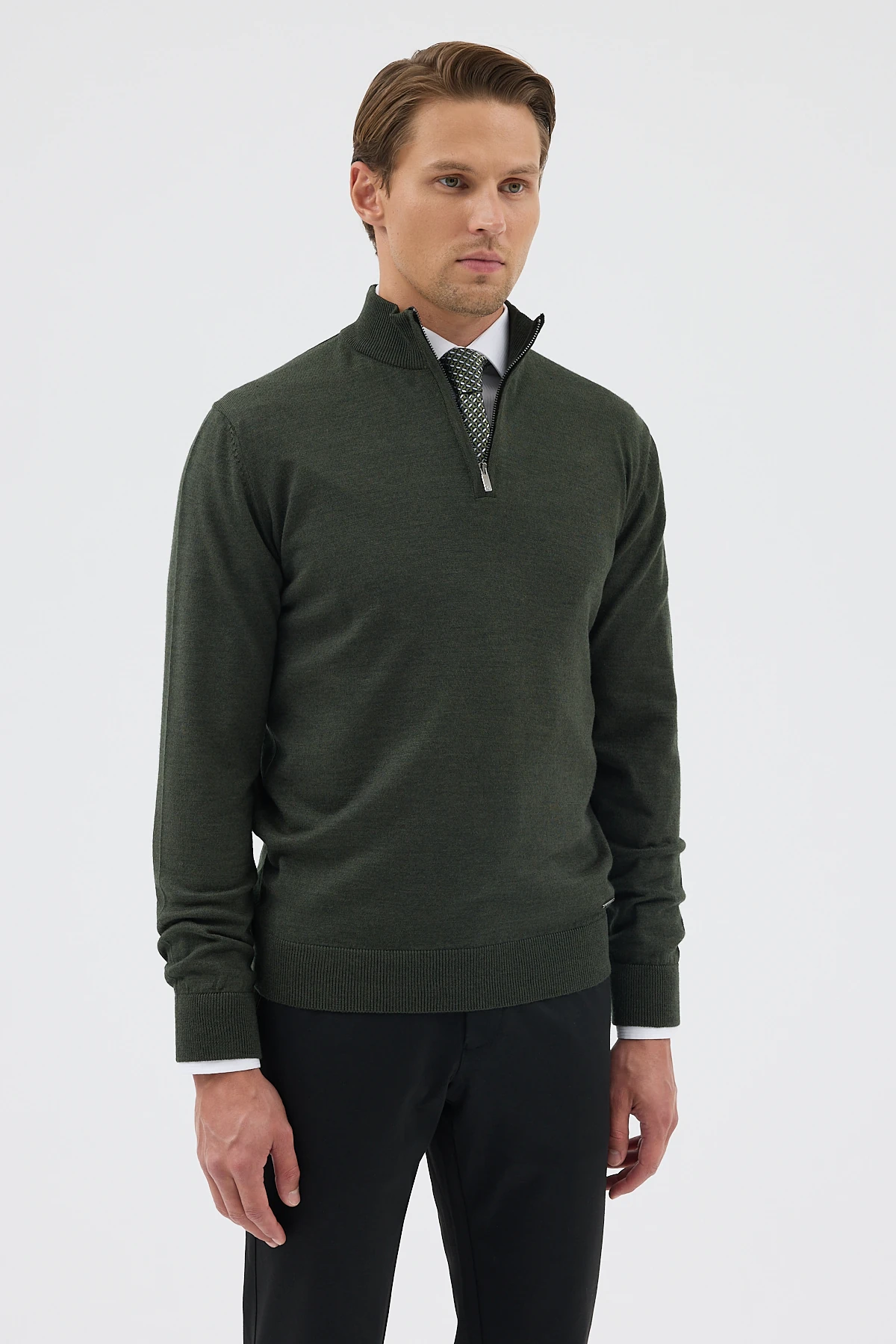 Yarım Balıkçı Fermuarlı Yünlü Triko Kazak - Haki