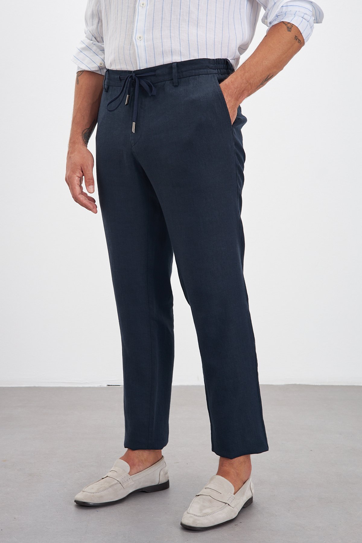 100% Keten Jogger Erkek Pantolon - Lacivert