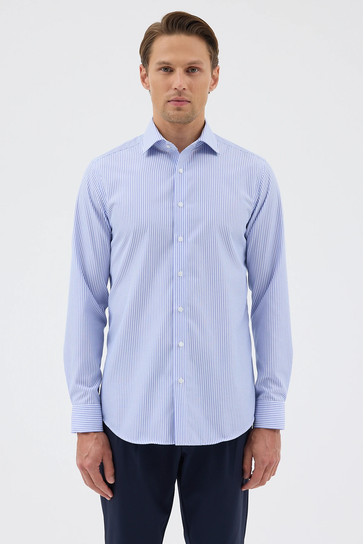 Non Iron Koyu Mavi Çizgili %100 Pamuk Comfort Fit Gömlek