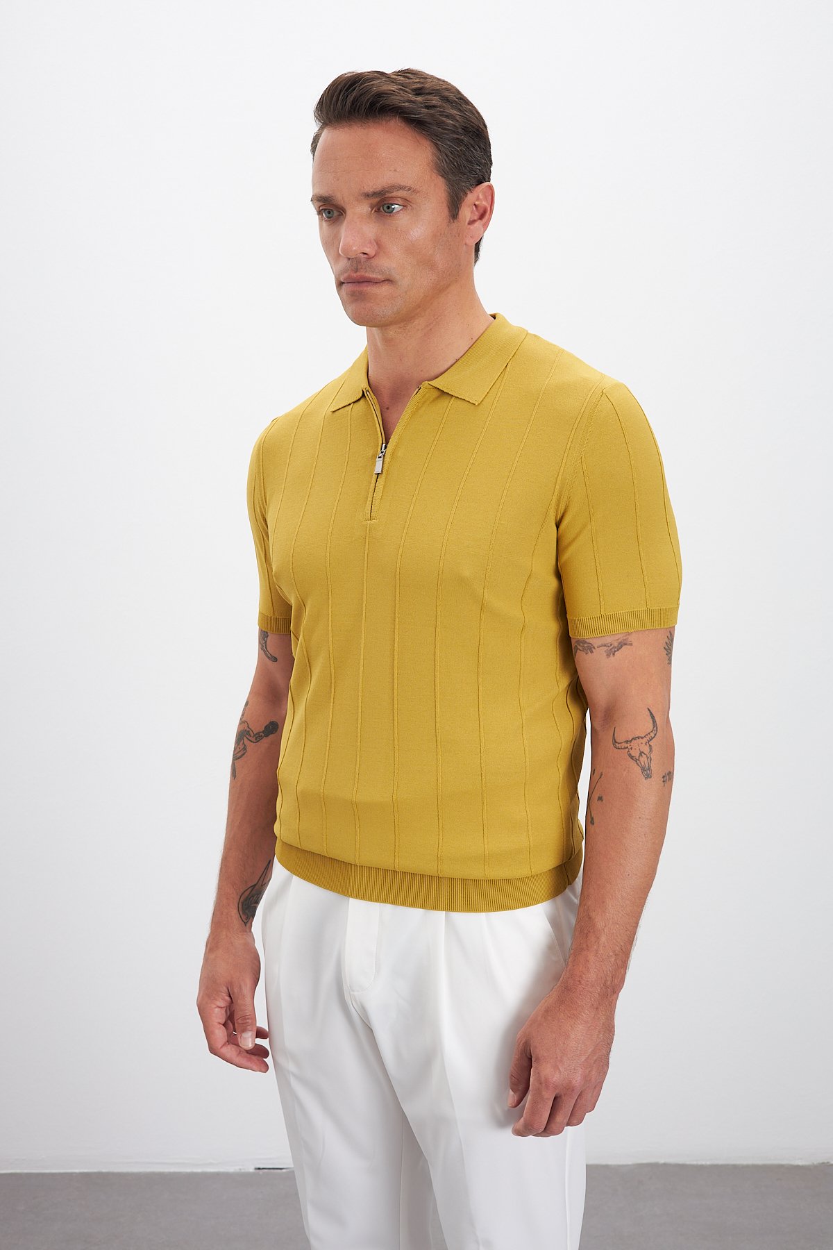 Fermuarlı Polo Yaka Çizgi Desenli Triko Erkek T-Shirt
