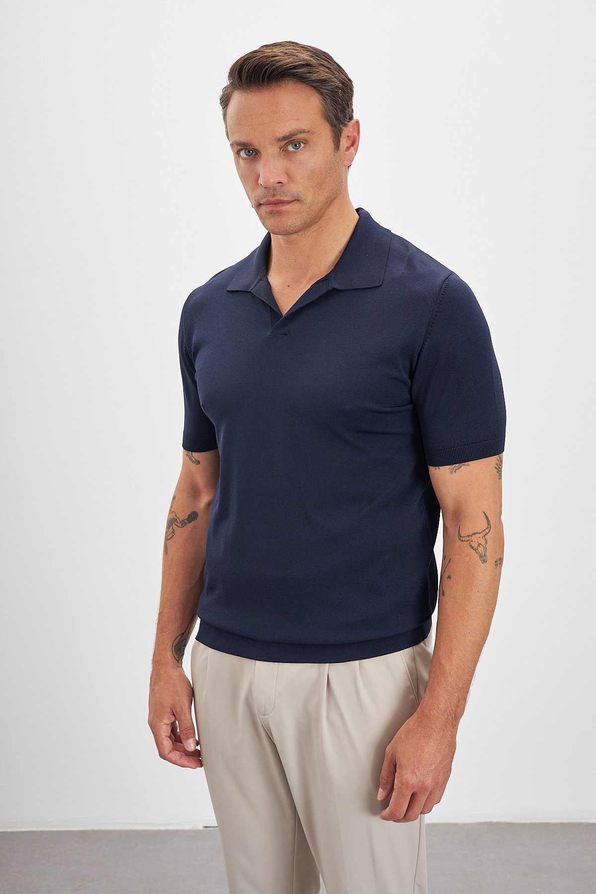 Polo Yaka Patlı Triko Erkek T-Shirt - Lacivert