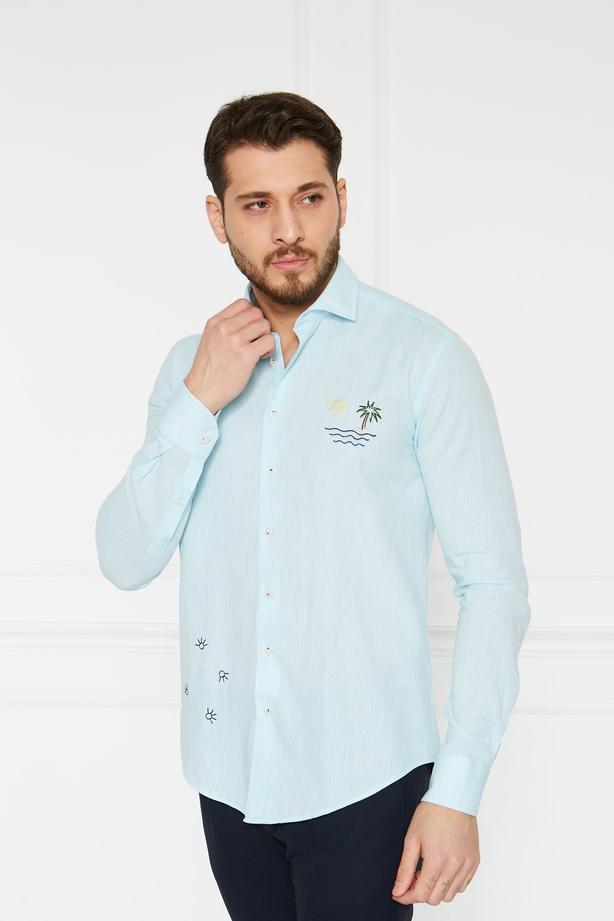 Keten Nakışlı Slim Fit Gömlek - Turkuaz