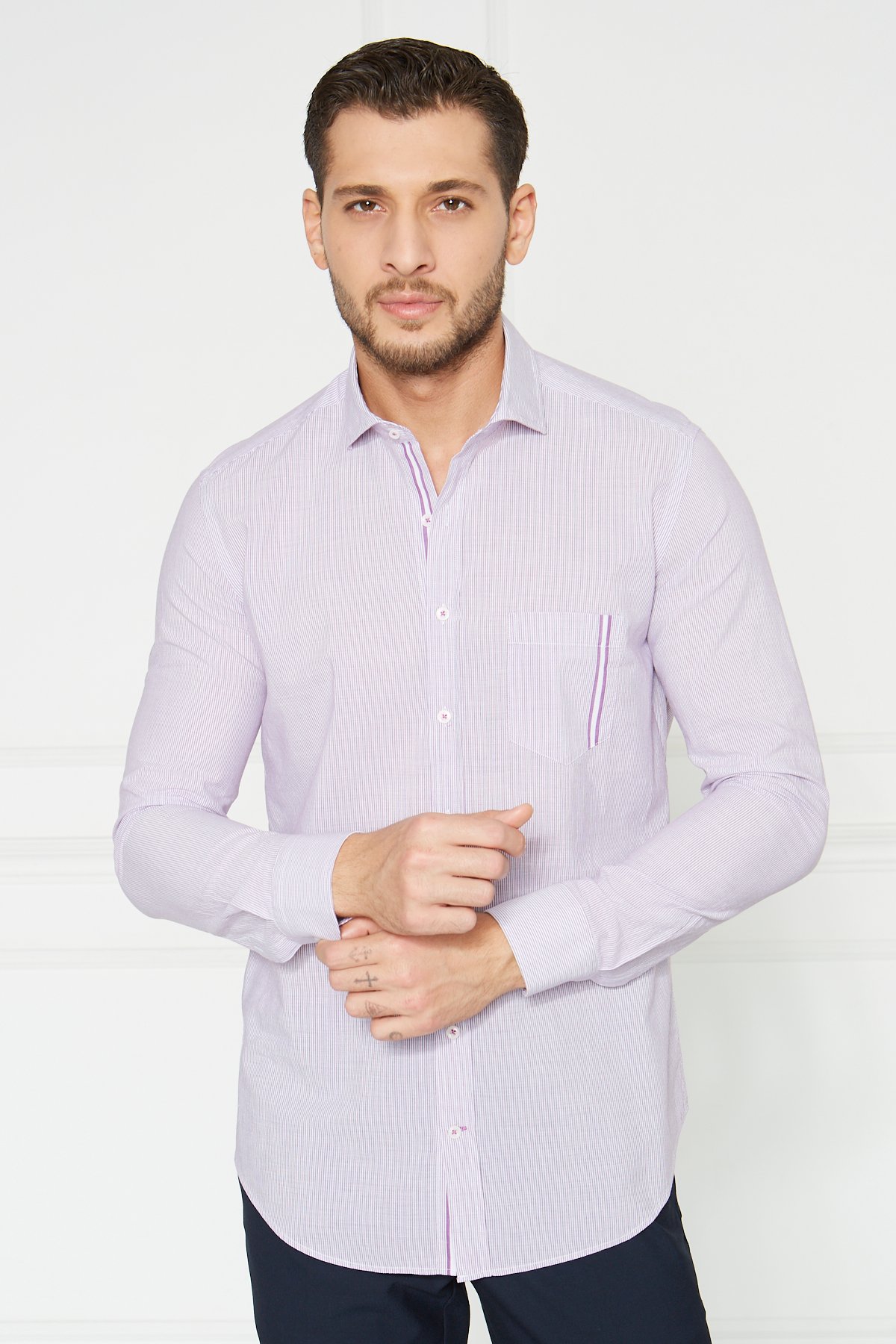 Çizgili Slim Fit Casual Gömlek - Mor-Beyaz