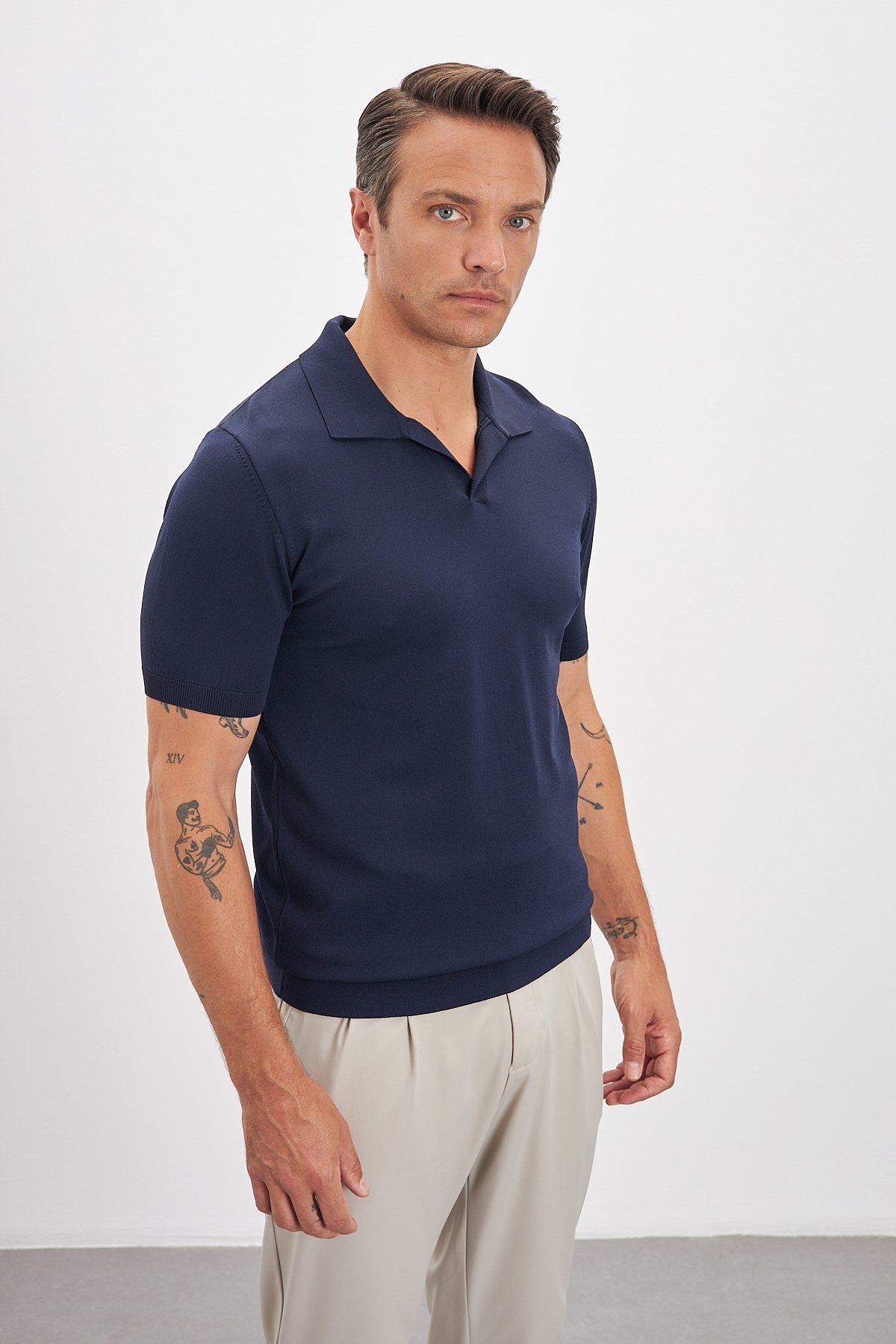 Polo Yaka Patlı Triko Erkek T-Shirt - Lacivert