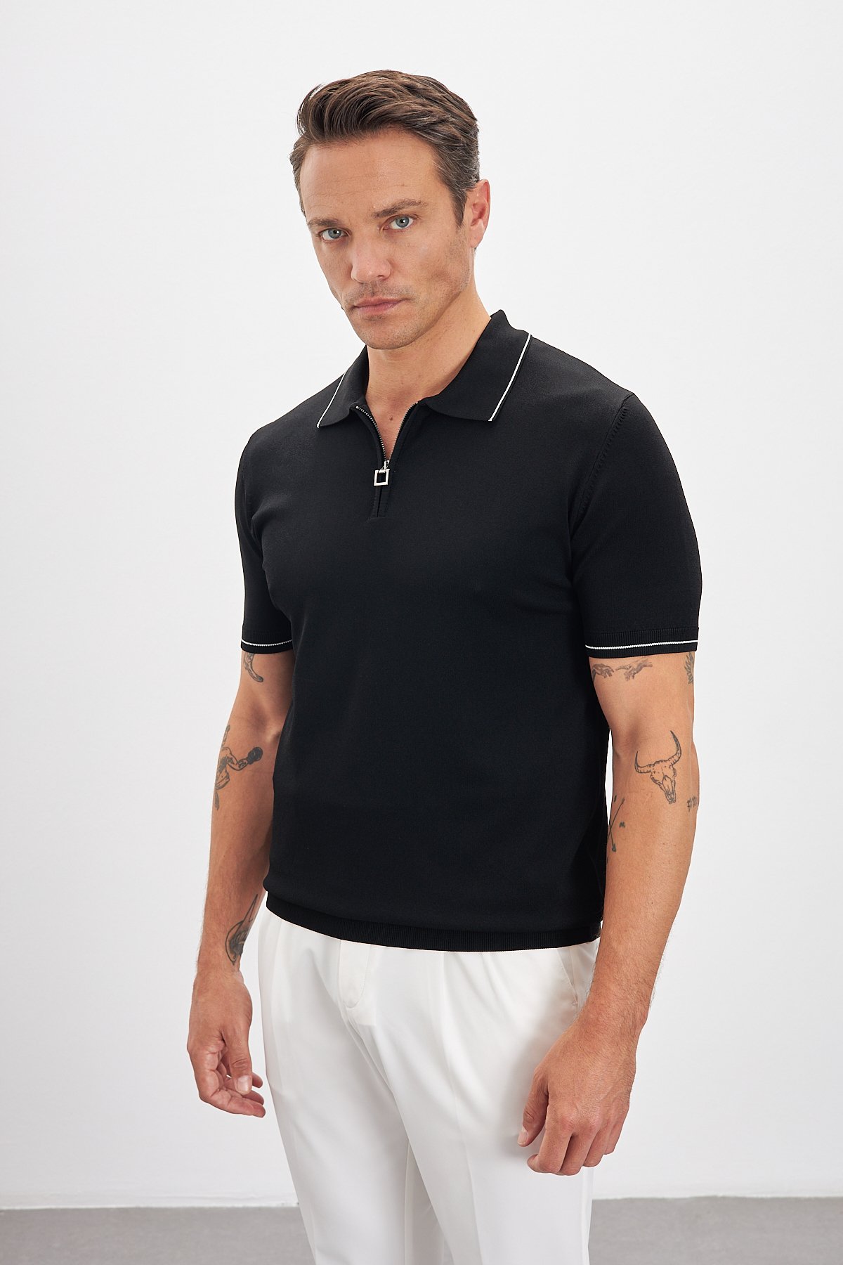 Polo Yaka Fermuarlı Triko Erkek T-Shirt - Siyah