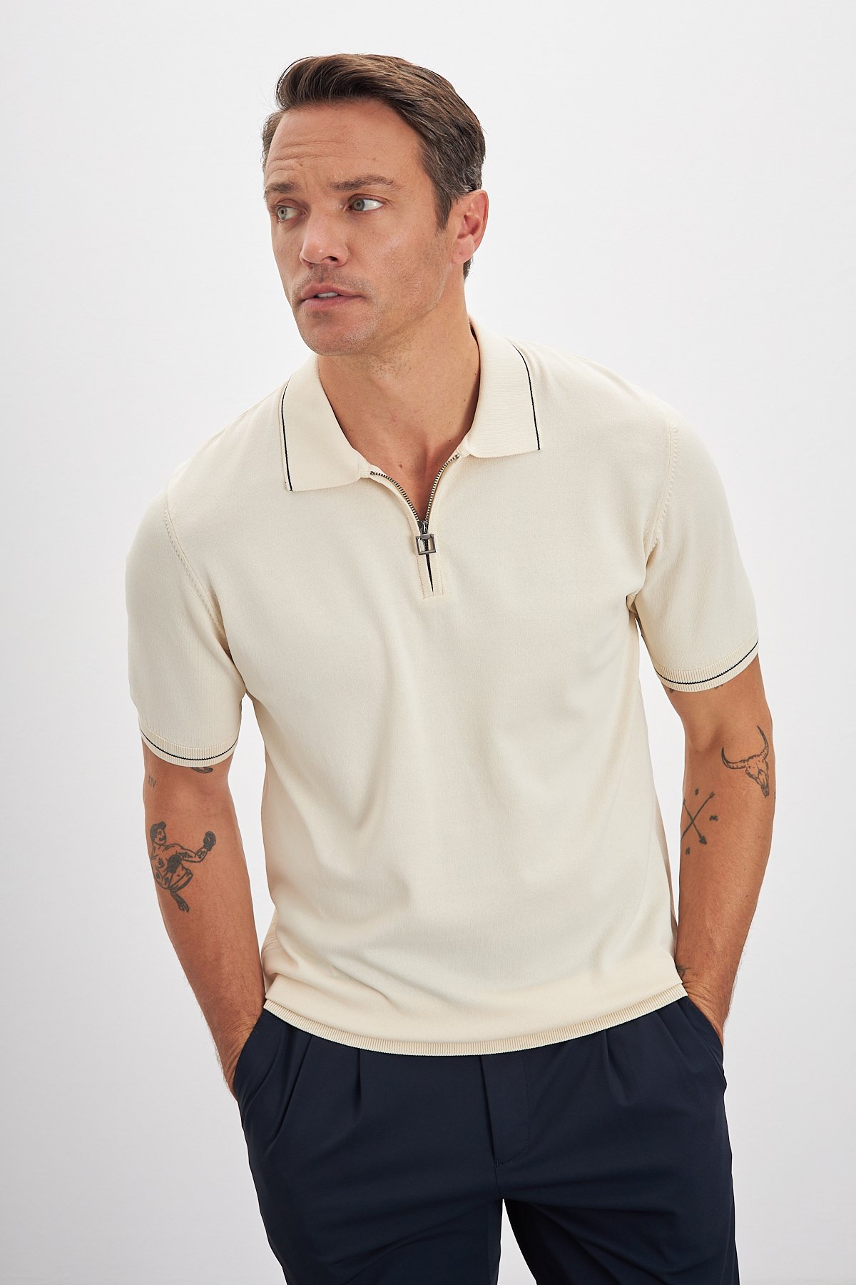 Polo Yaka Fermuarlı Triko Erkek T-Shirt - Bej