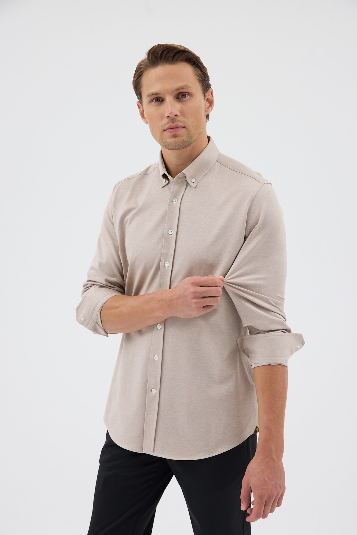 Örme %100 Pamuk Comfort Fit Erkek Gömlek - Bej