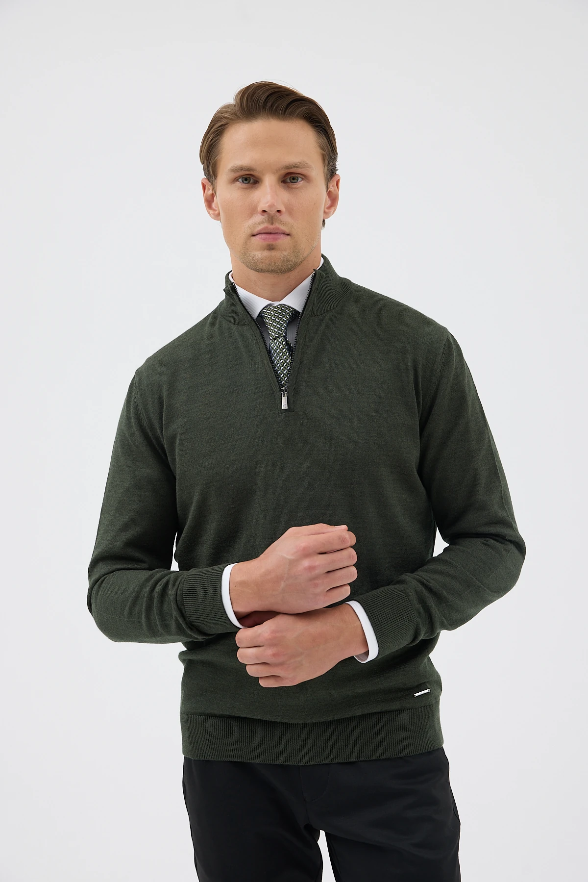 Yarım Balıkçı Fermuarlı Yünlü Triko Kazak - Haki