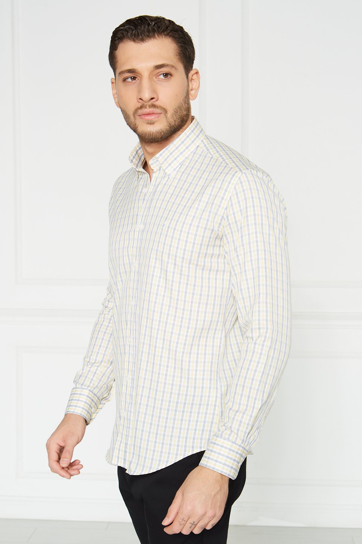 Yaka Düğmeli Slim Fit Klasik Gömlek - Beyaz-Kahve