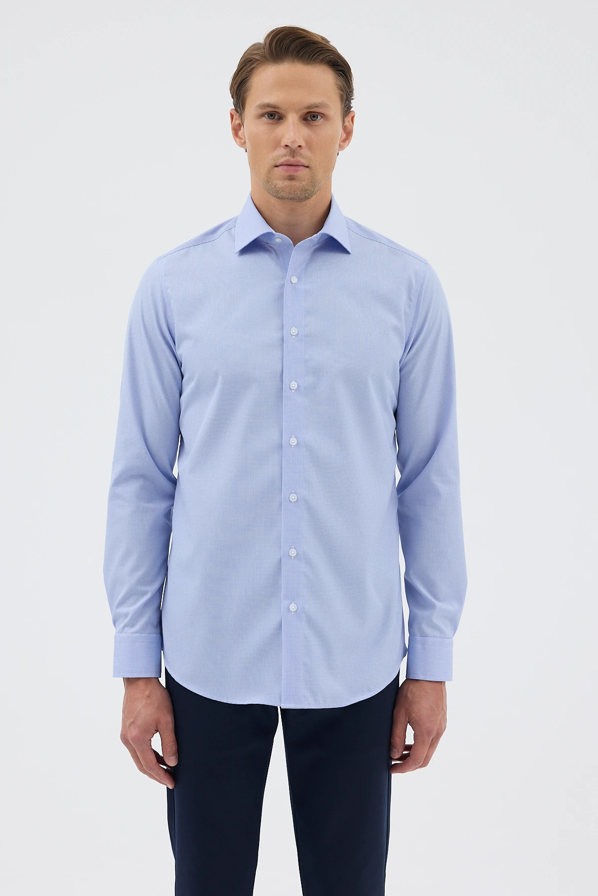 Non Iron Mavi Ekose %100 Pamuk Comfort Fit Gömlek