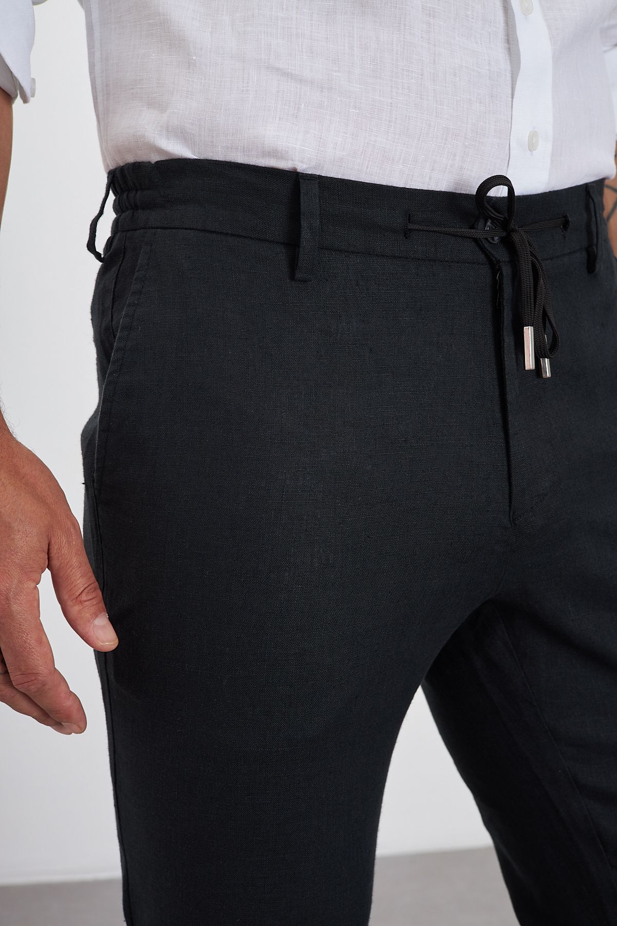 100% Keten Jogger Erkek Pantolon - Siyah