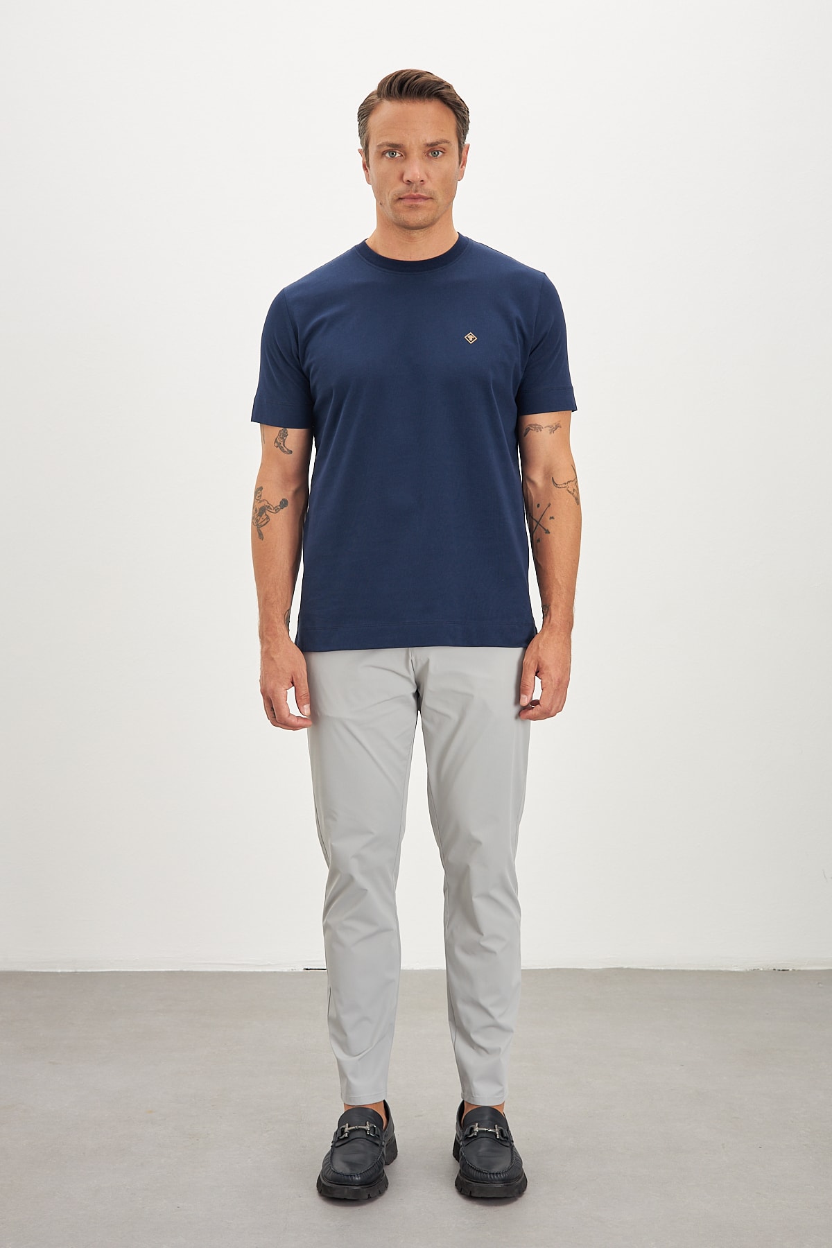 Bisiklet Yaka Basic %100 Pamuk Comfort Fit Logo Baskılı Erkek T-Shirt - Lacivert