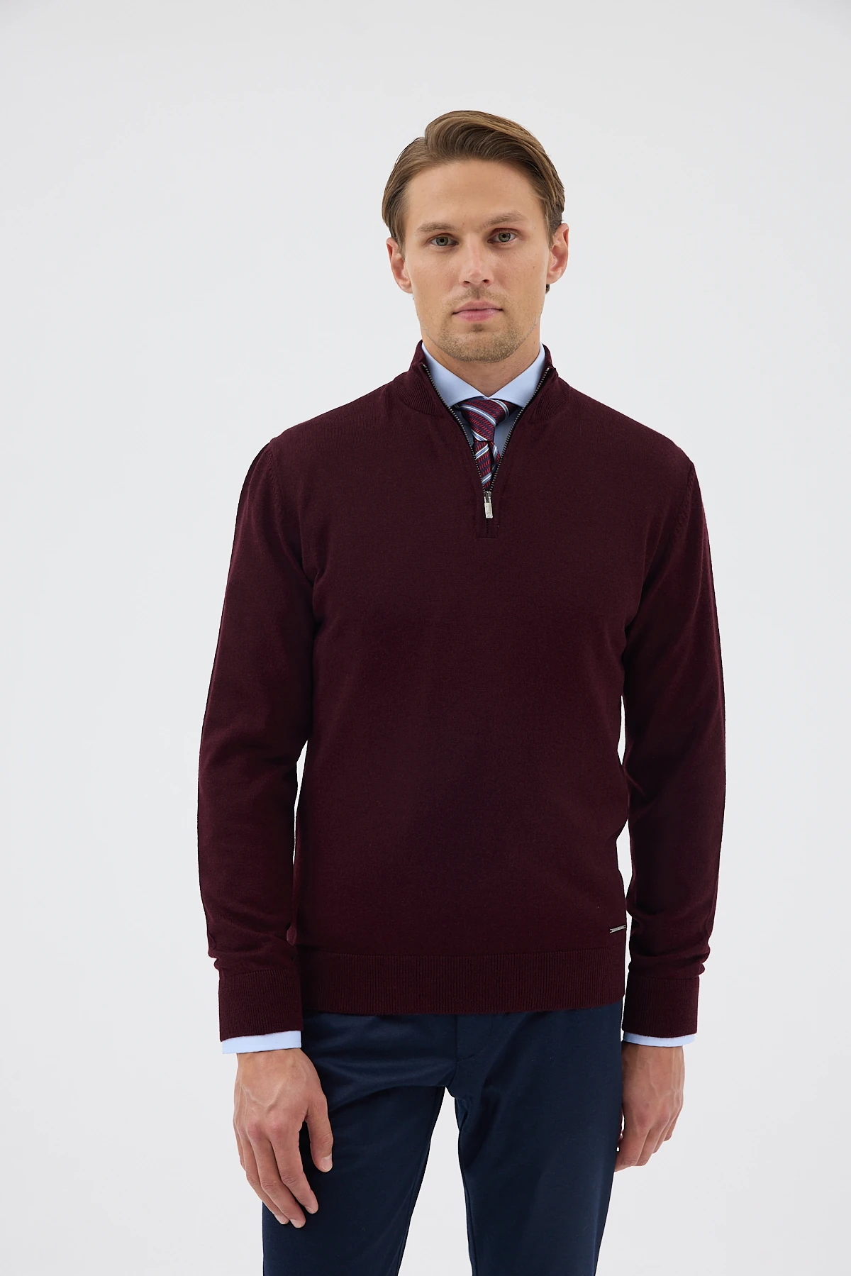 Yarım Balıkçı Fermuarlı Yünlü Triko Kazak - Bordo