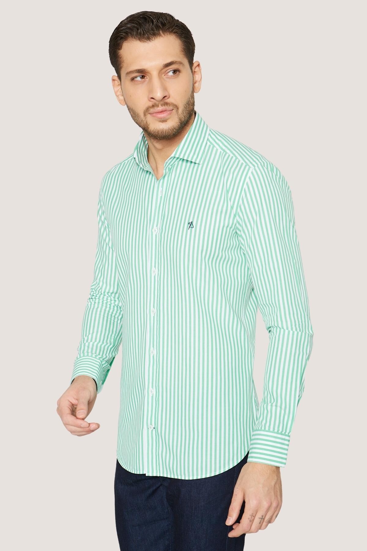 Çizgili Spor Gömlek Slim Fit - Yeşil-Beyaz