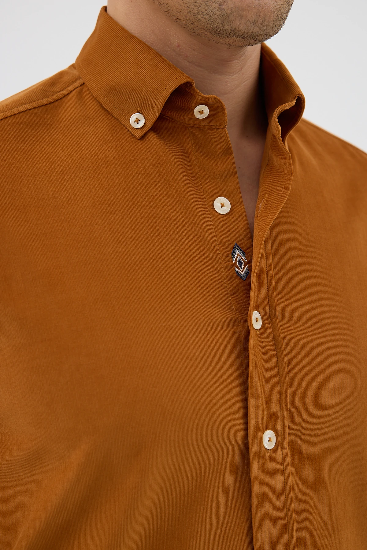 Kadife Yaka Düğmeli %100 Pamuk Comfort Fit Erkek Gömlek - Hardal