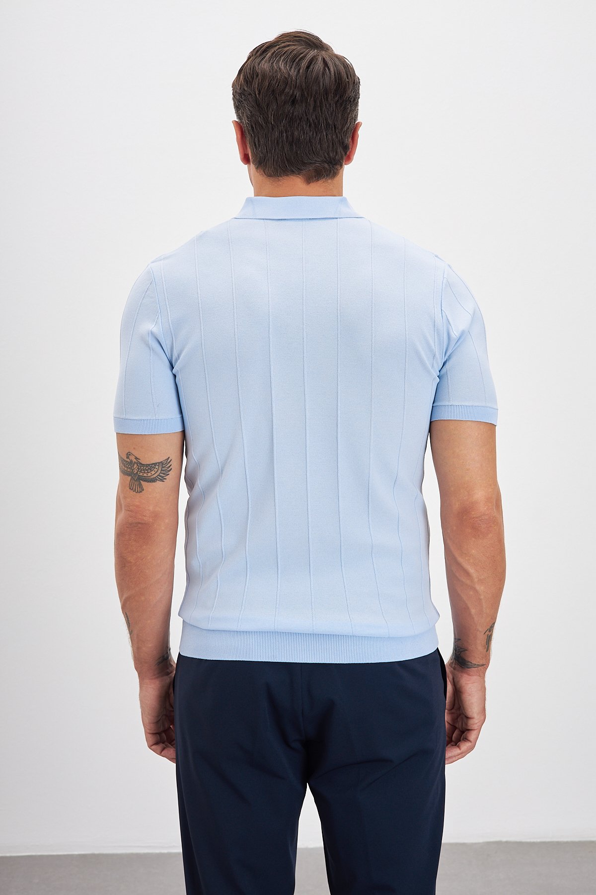 Fermuarlı Polo Yaka Çizgi Desenli Triko Erkek T-Shirt