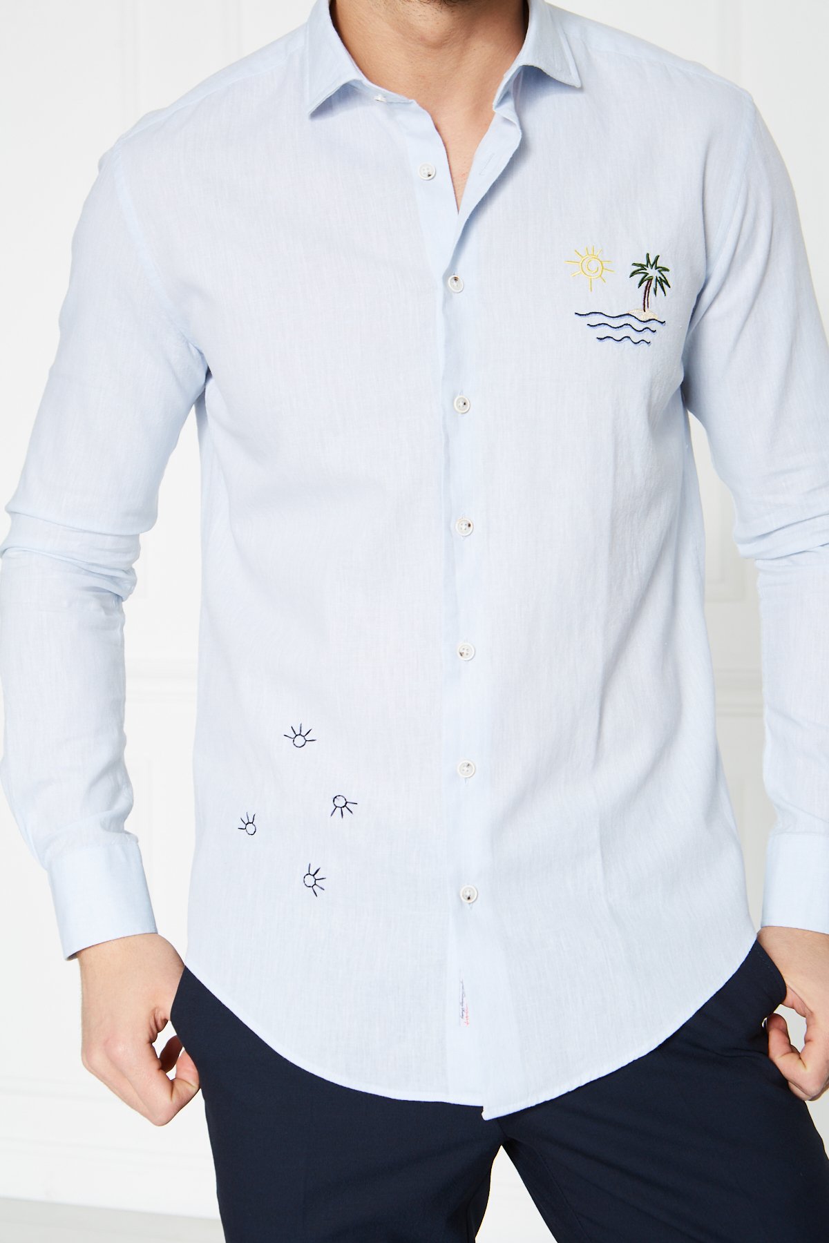 Keten Nakışlı Slim Fit Gömlek - Açık Mavi