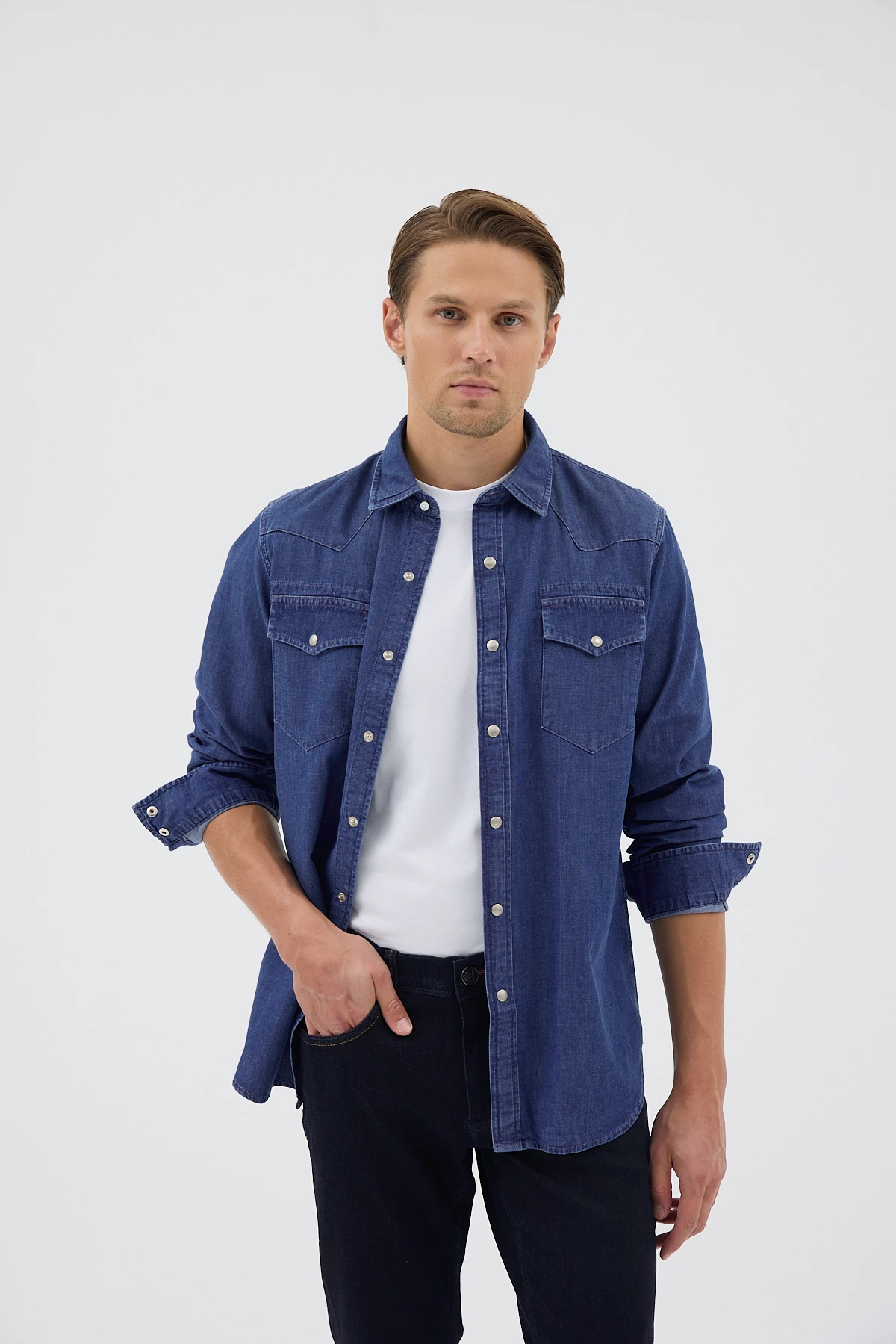 Çift Cepli Kot Gömlek - Koyu Mavi