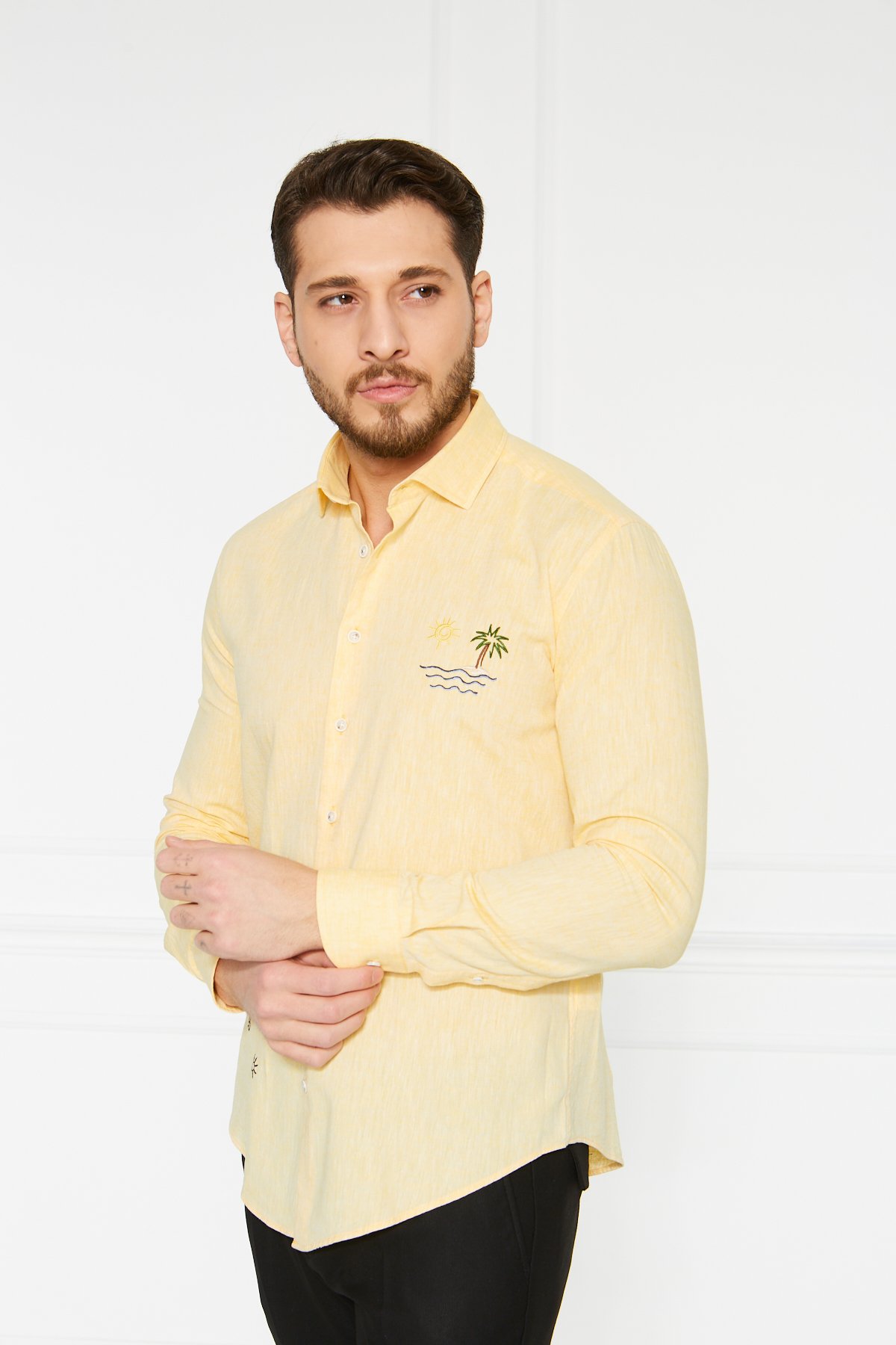 Keten Nakışlı Slim Fit Gömlek - Sarı