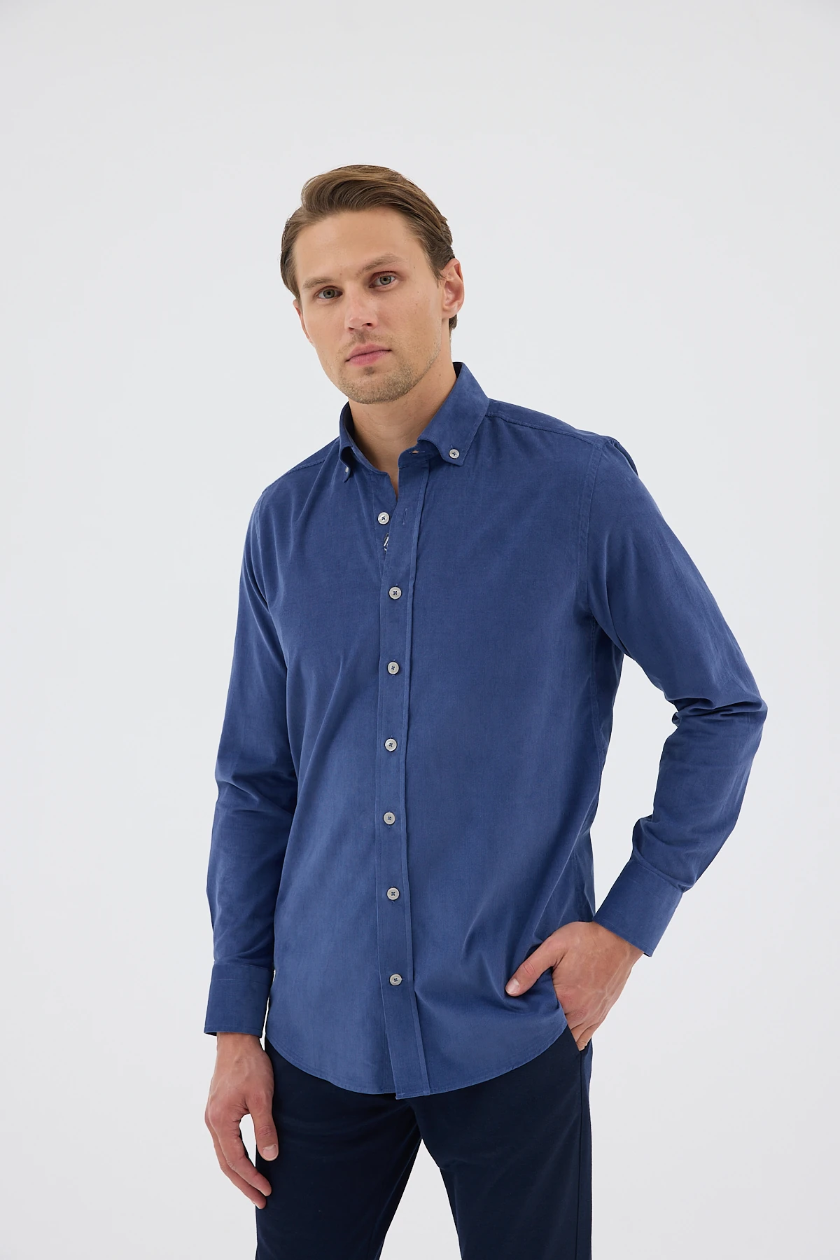 Kadife Yaka Düğmeli %100 Pamuk Comfort Fit Erkek Gömlek - Koyu Mavi