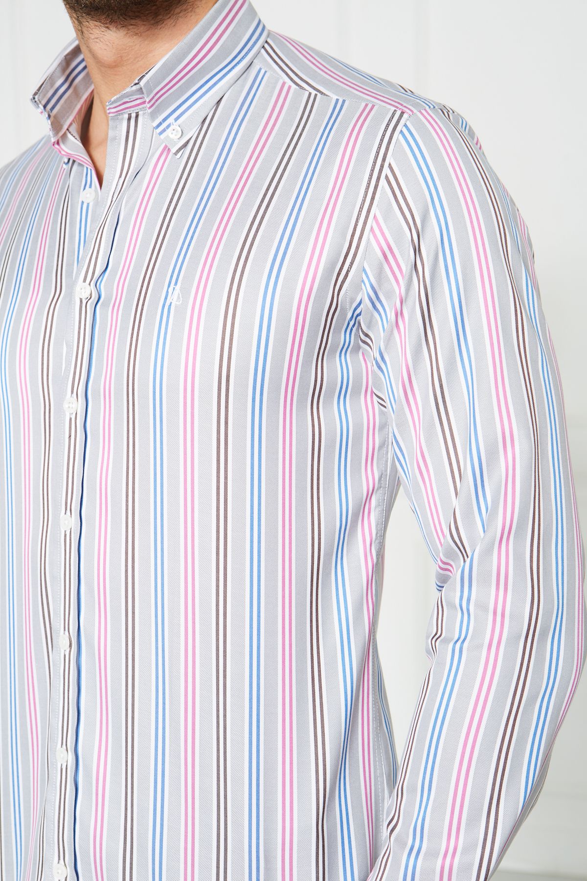 Yaka Düğmeli Slim Fit Klasik Gömlek - Gri