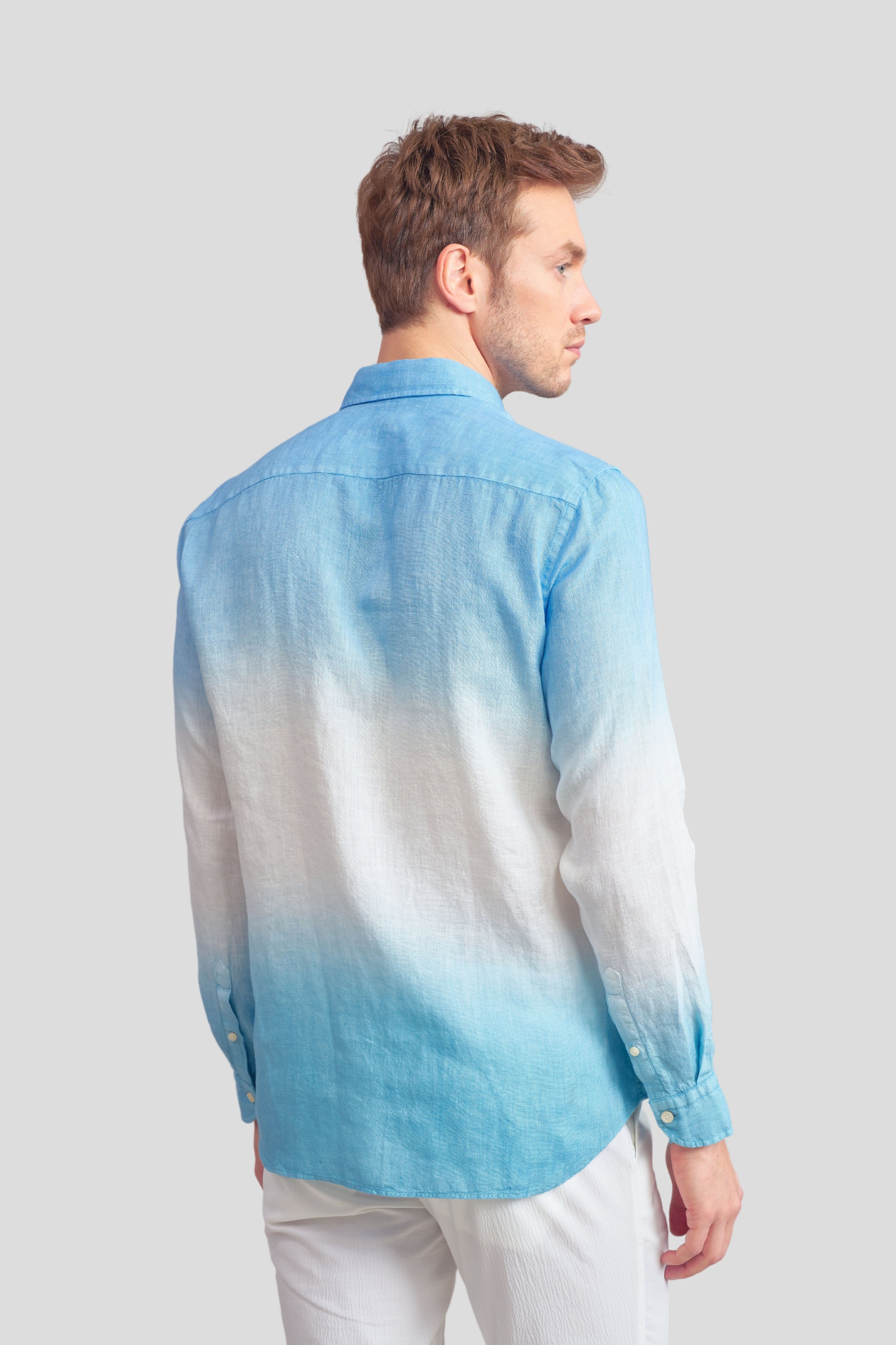 Batik Comfort Fit %100 Keten Gömlek - Mavi-Yeşil