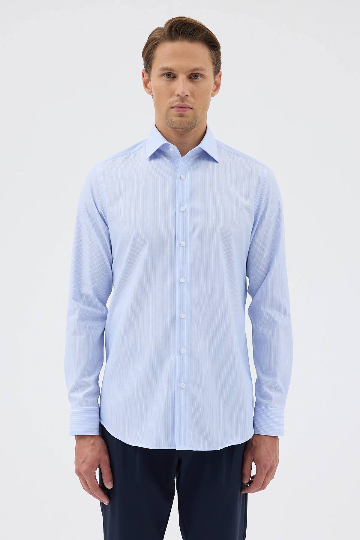 Non Iron Beyaz Lacivert Çizgili %100 Pamuk Comfort Fit Gömlek