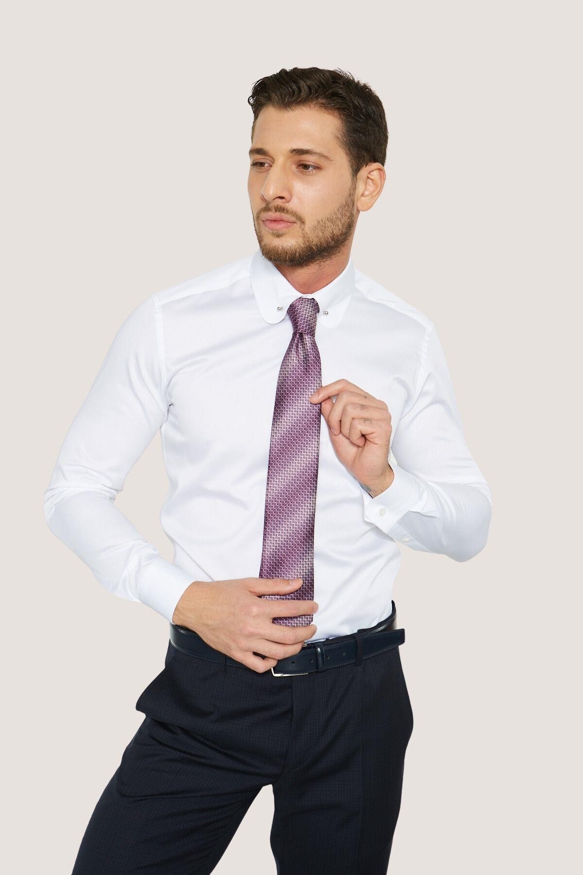 Bebe Yaka İğneli Slim Fit Gömlek - Beyaz