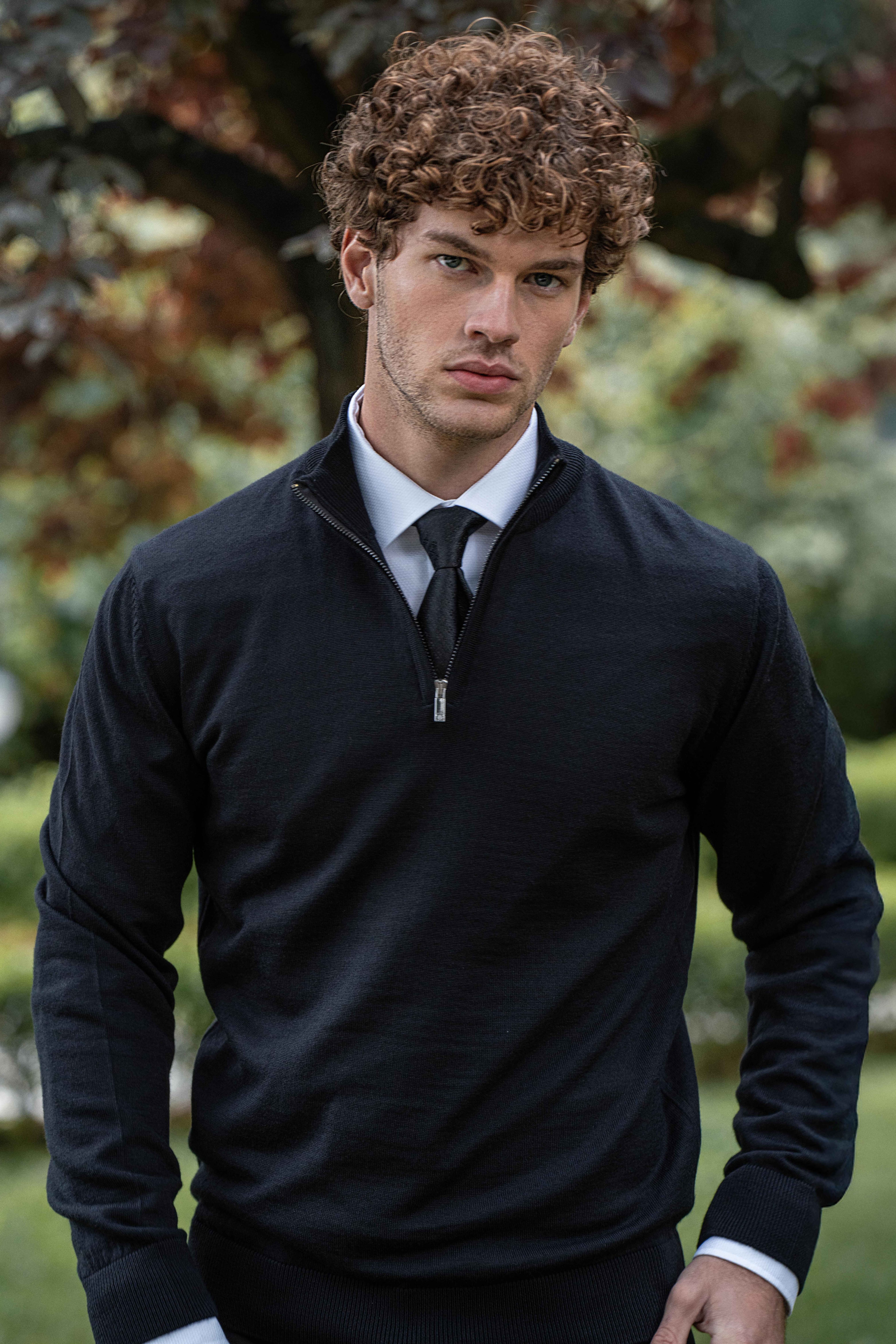 Yarım Balıkçı Fermuarlı Yünlü Triko Kazak - Siyah