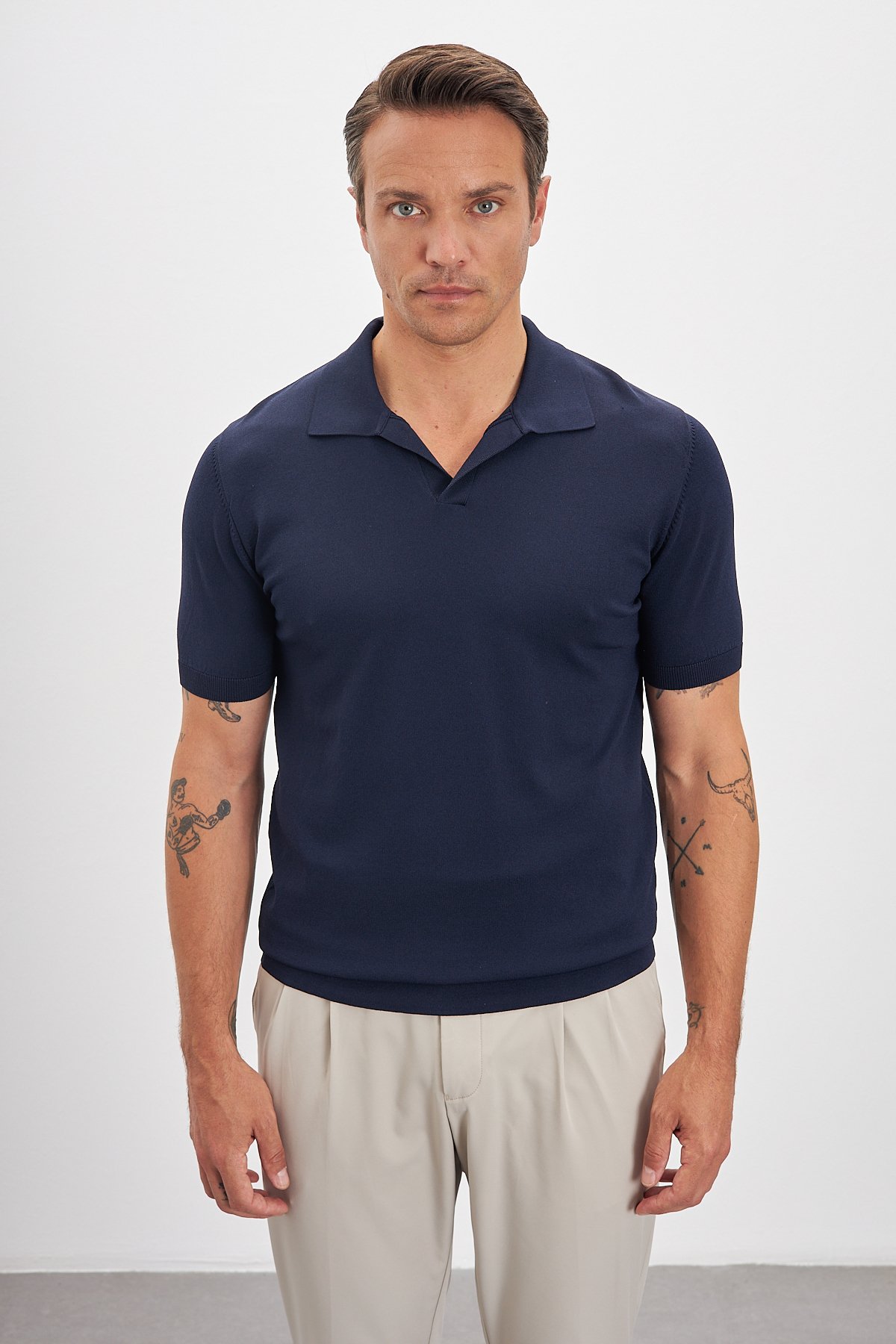 Polo Yaka Patlı Triko Erkek T-Shirt - Lacivert