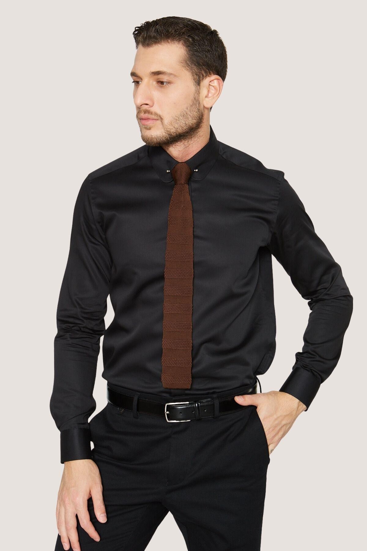 Bebe Yaka İğneli Slim Fit Gömlek - Siyah
