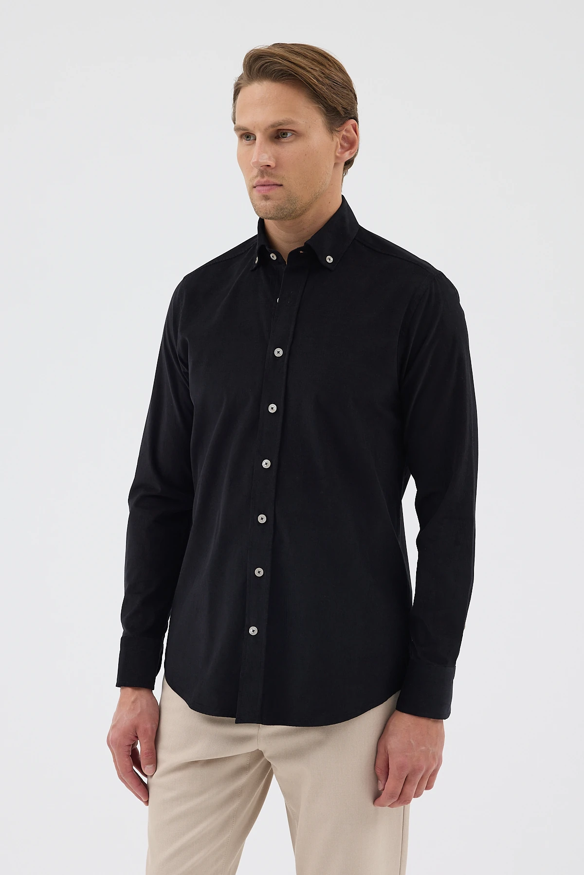 Kadife Yaka Düğmeli %100 Pamuk Comfort Fit Erkek Gömlek - Siyah