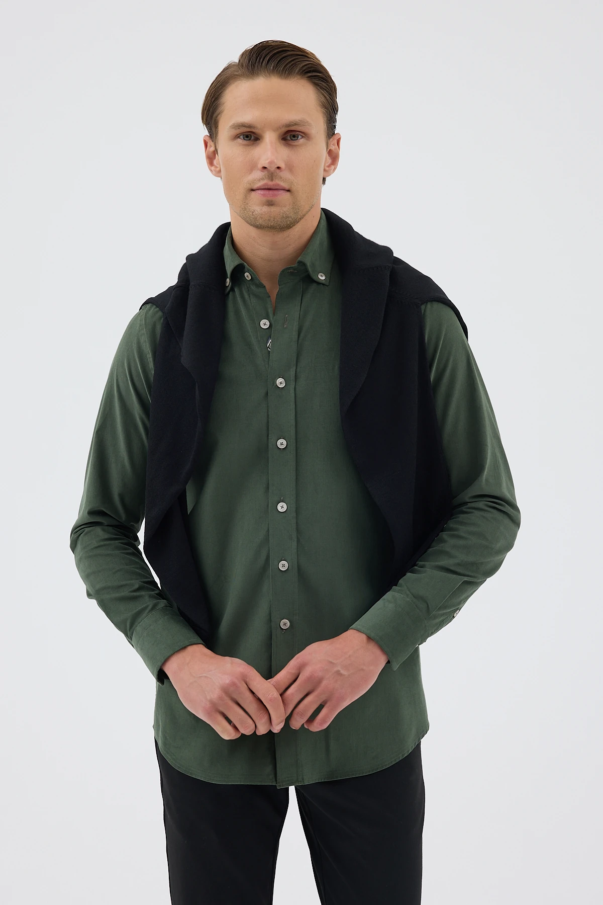 Kadife Yaka Düğmeli %100 Pamuk Comfort Fit Erkek Gömlek - Haki