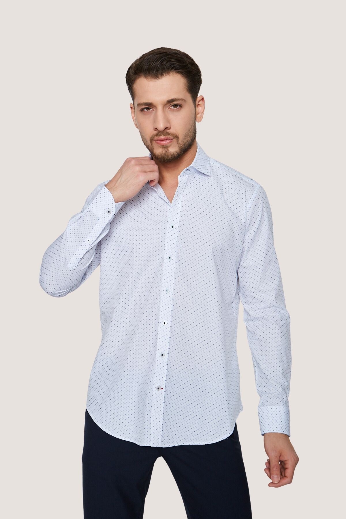 Klasik Desenli Slim Fit Gömlek - Beyaz-Koyu Mavi