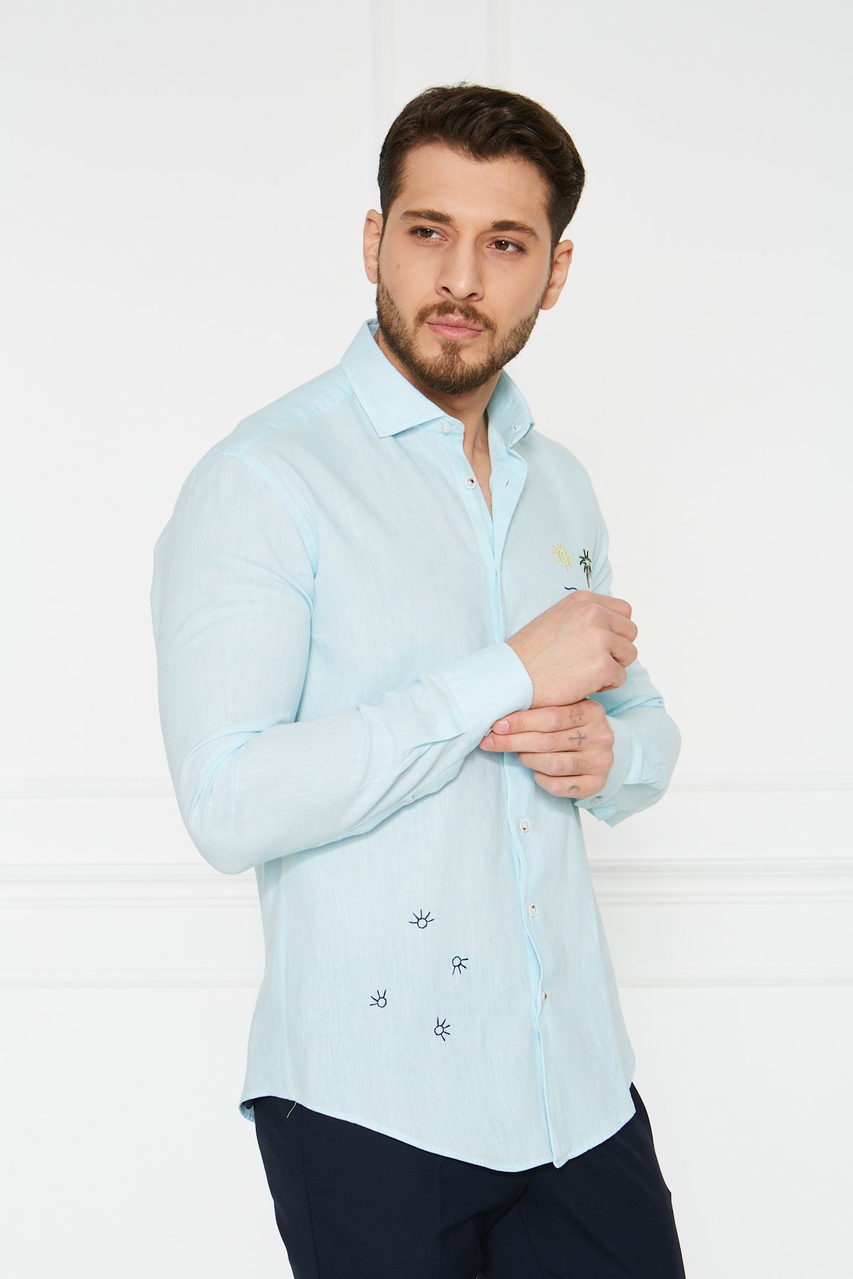 Keten Nakışlı Slim Fit Gömlek - Turkuaz