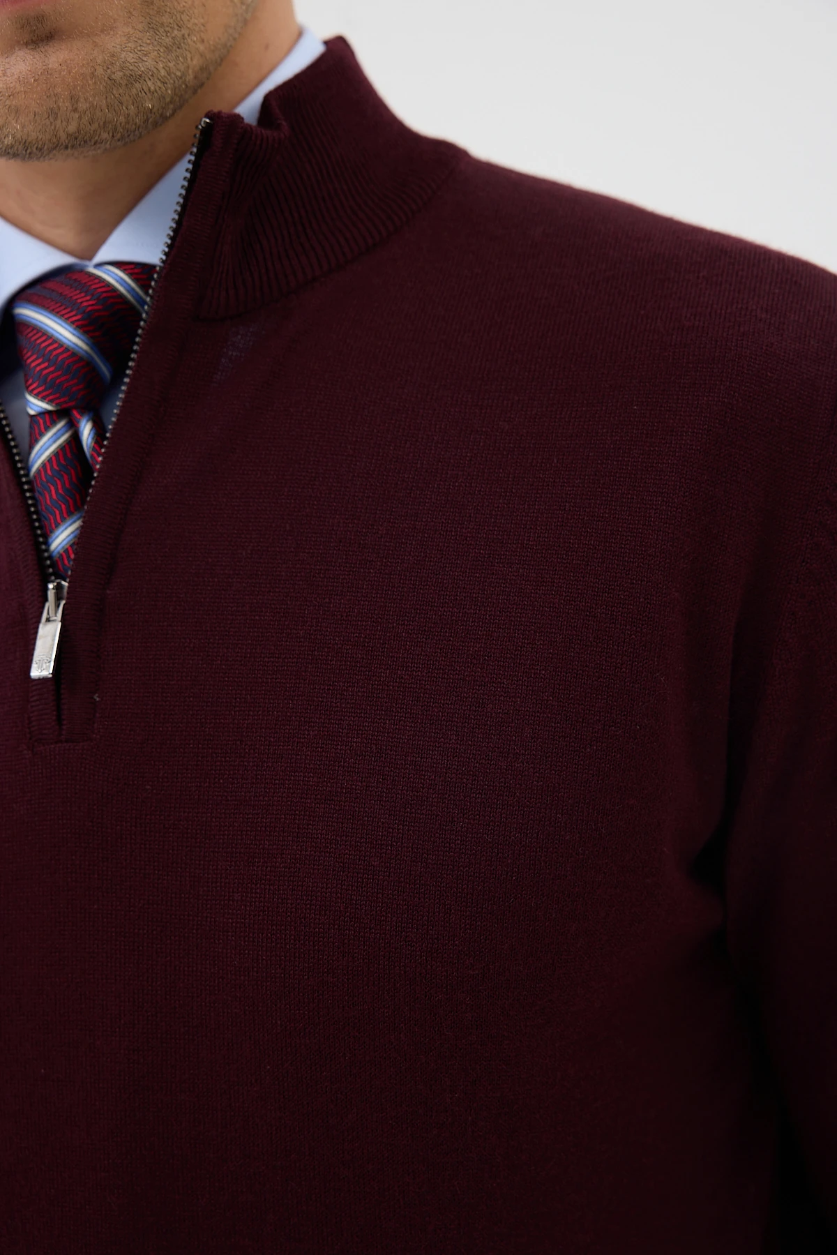 Yarım Balıkçı Fermuarlı Yünlü Triko Kazak - Bordo