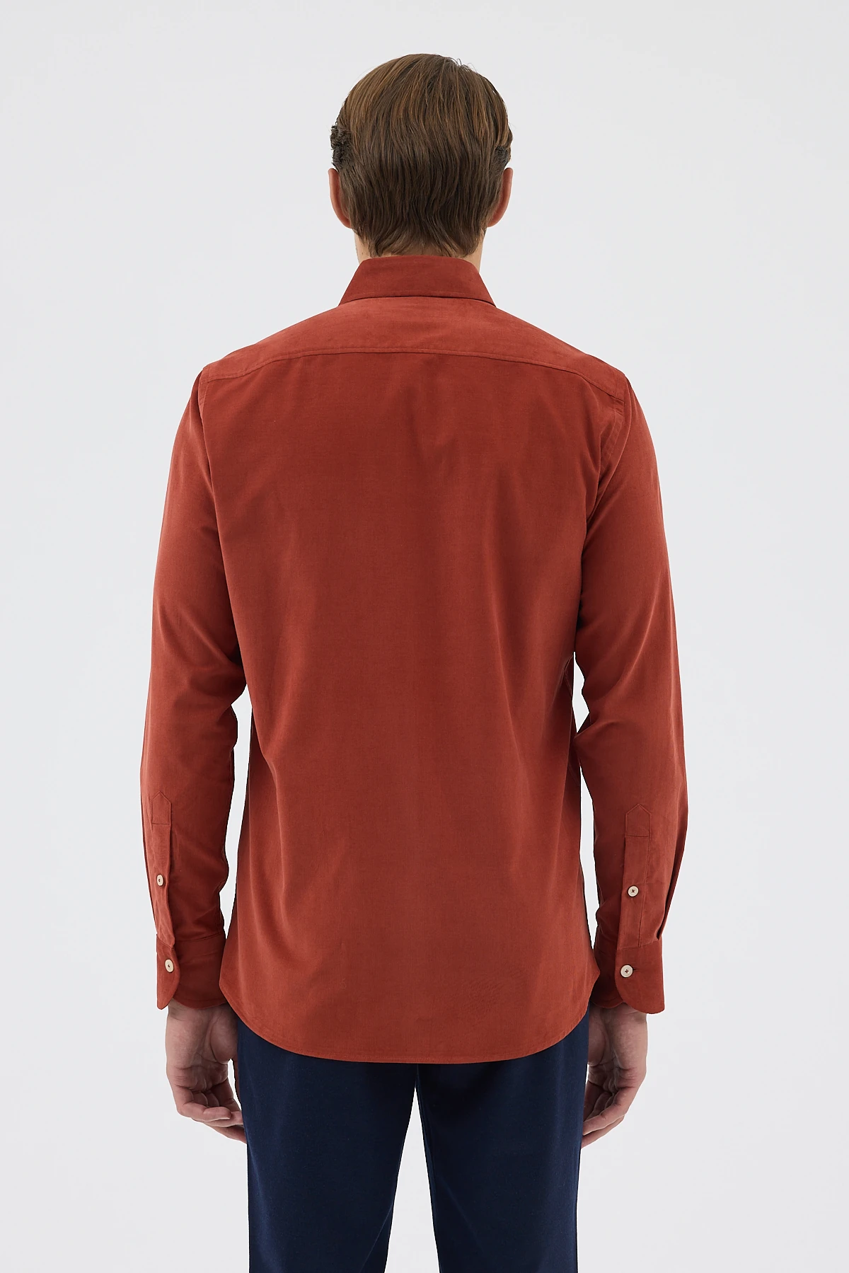 Kadife Yaka Düğmeli %100 Pamuk Comfort Fit Erkek Gömlek - Kiremit