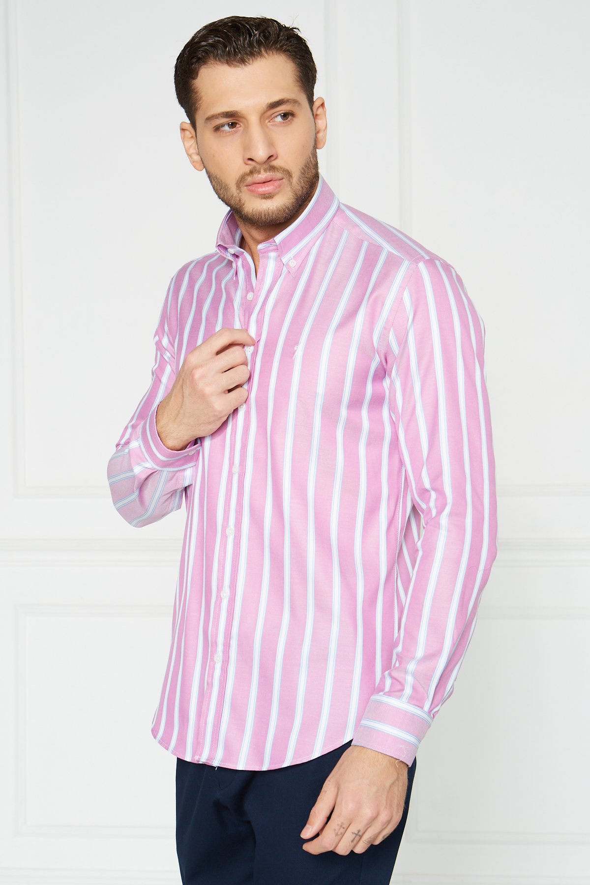 Yaka Düğmeli Slim Fit Klasik Gömlek - Pembe-Beyaz