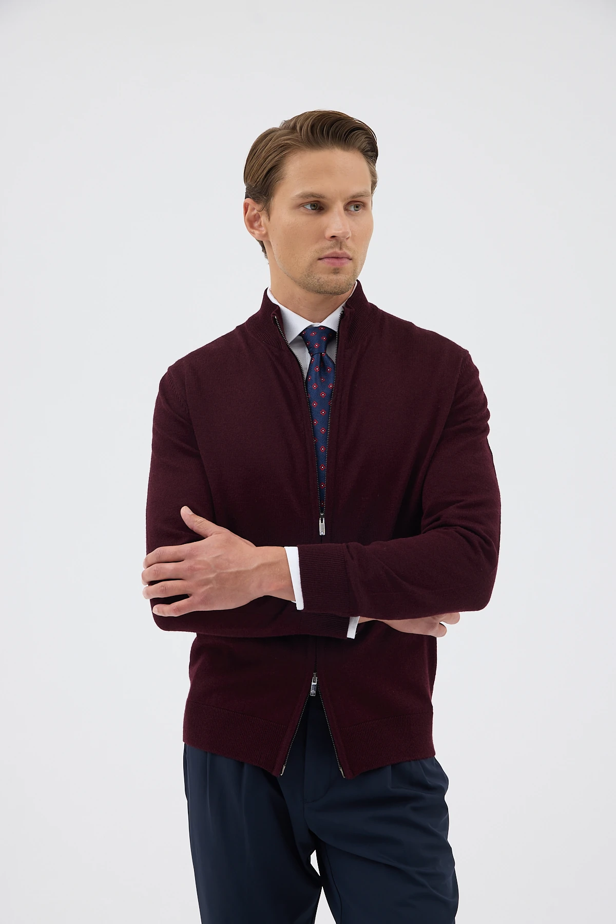 Çift Fermuarlı Yünlü Triko Hırka - Bordo