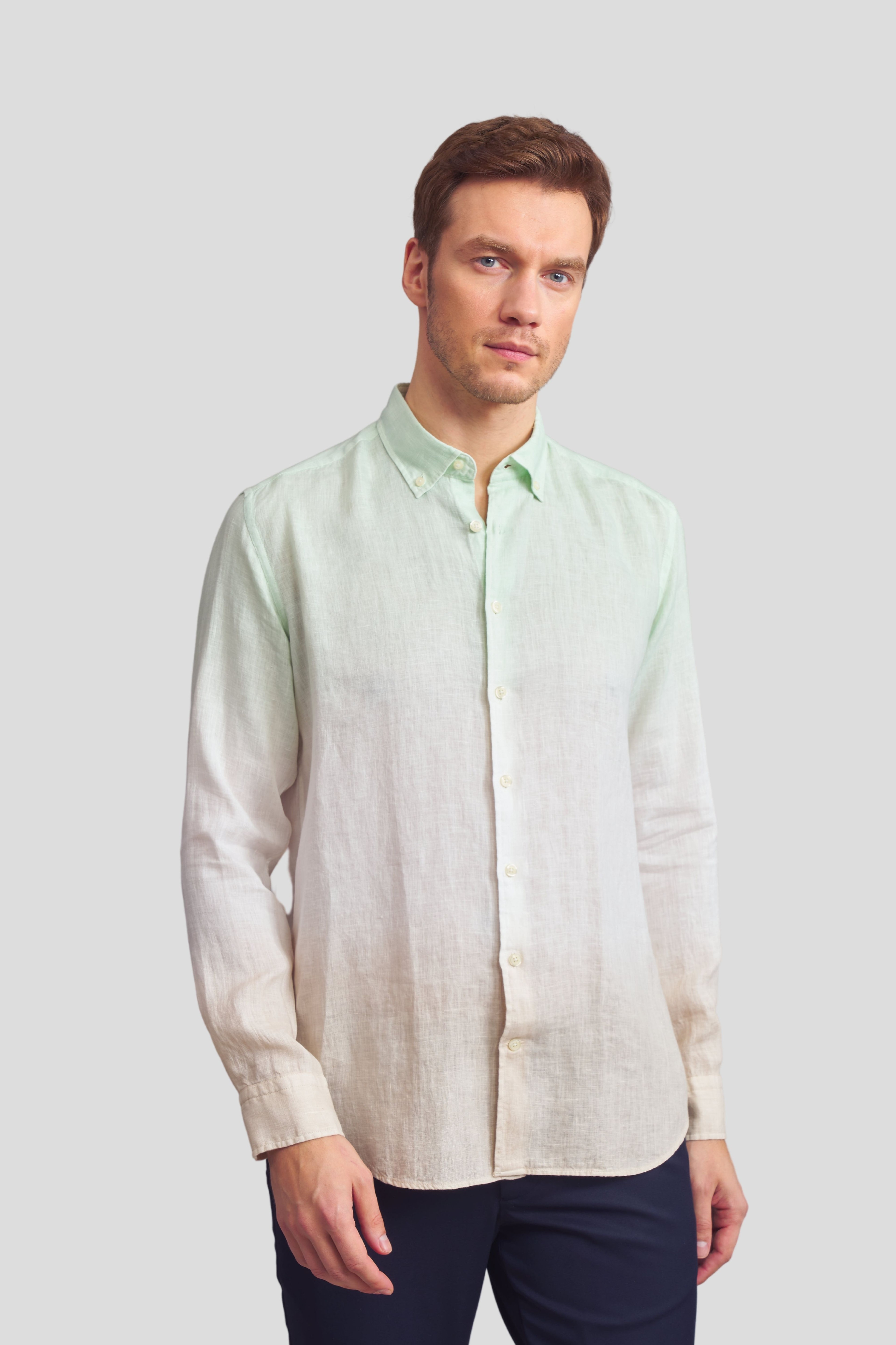 Batik Comfort Fit %100 Keten Gömlek - Yeşil-Bej